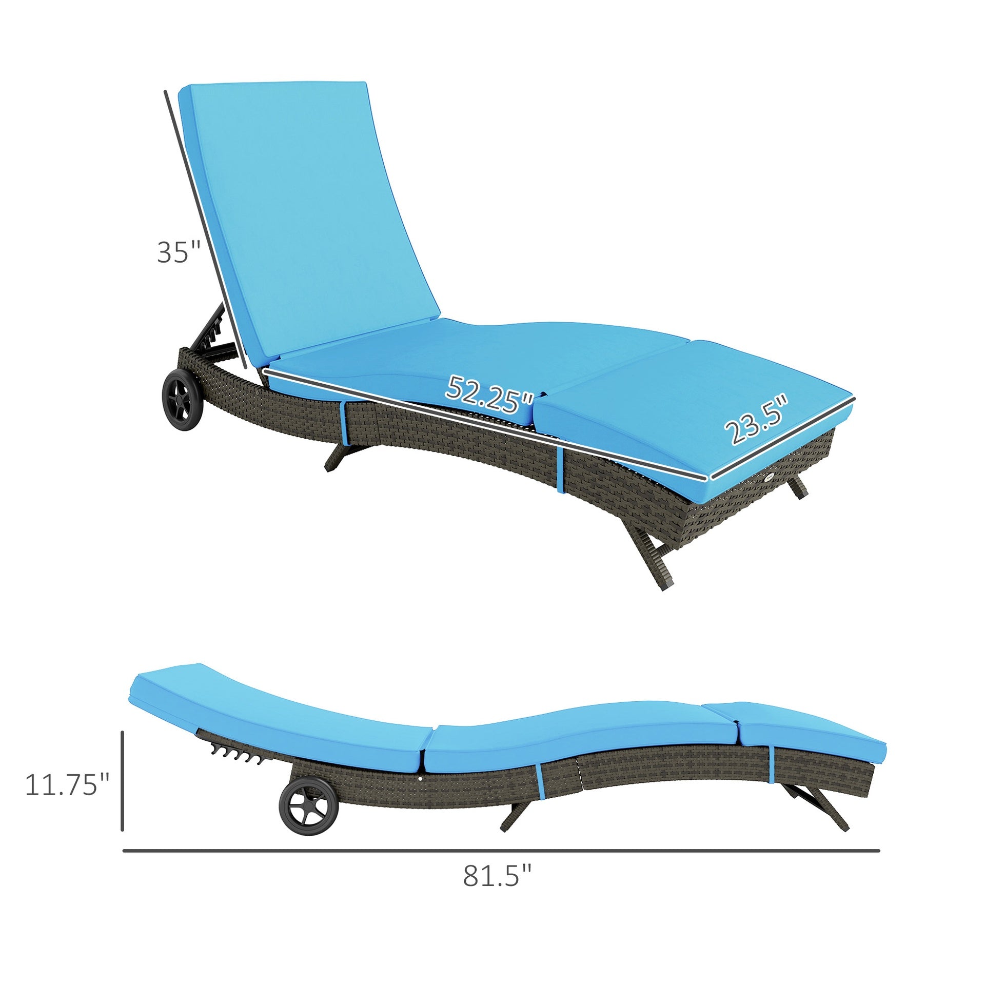 Outsunny Patio Wicker Chaise Lounge Chair, Outdoor PE Rattan Sun lounger with Adjustable Backrest and 2 Wheels, Sky Blue