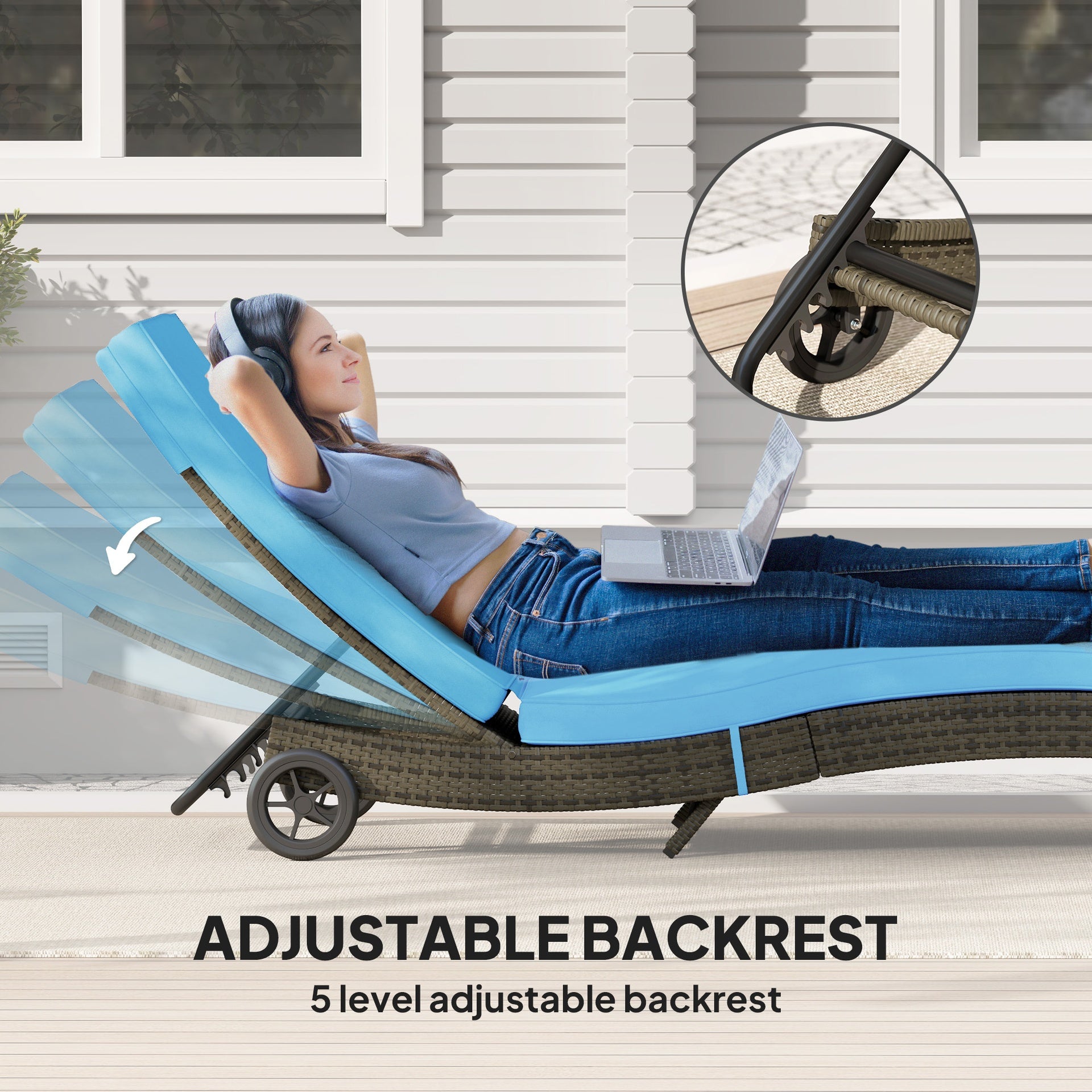 Outsunny Patio Wicker Chaise Lounge Chair, Outdoor PE Rattan Sun lounger with Adjustable Backrest and 2 Wheels, Sky Blue