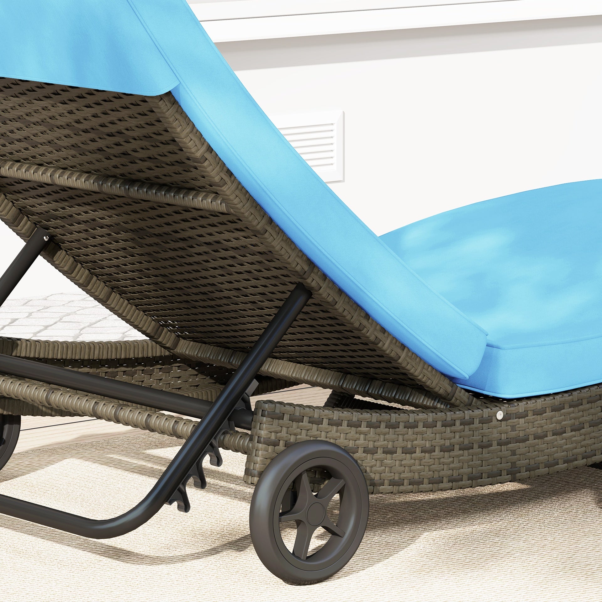 Outsunny Patio Wicker Chaise Lounge Chair, Outdoor PE Rattan Sun lounger with Adjustable Backrest and 2 Wheels, Sky Blue