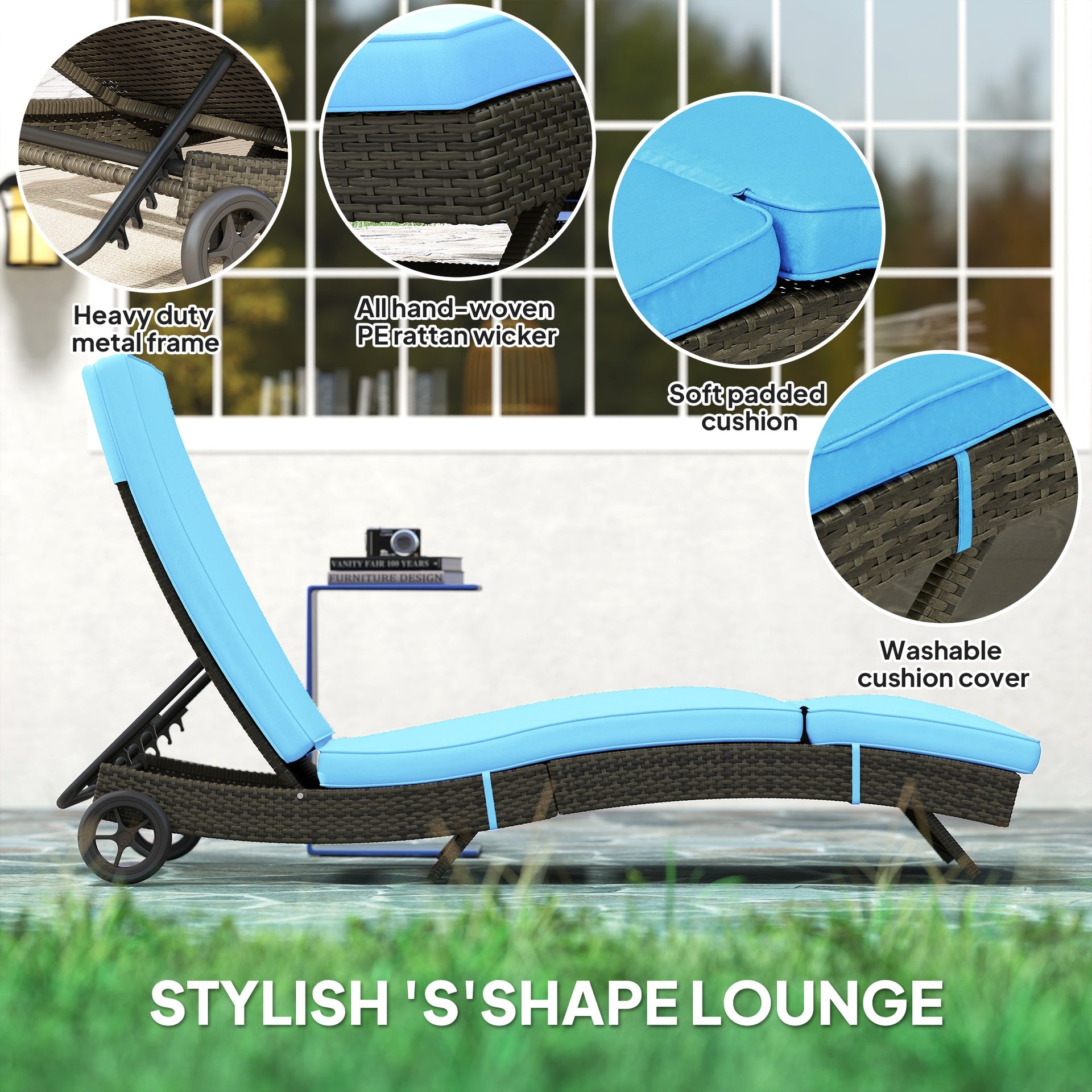 Outsunny Patio Wicker Chaise Lounge Chair, Outdoor PE Rattan Sun lounger with Adjustable Backrest and 2 Wheels, Sky Blue