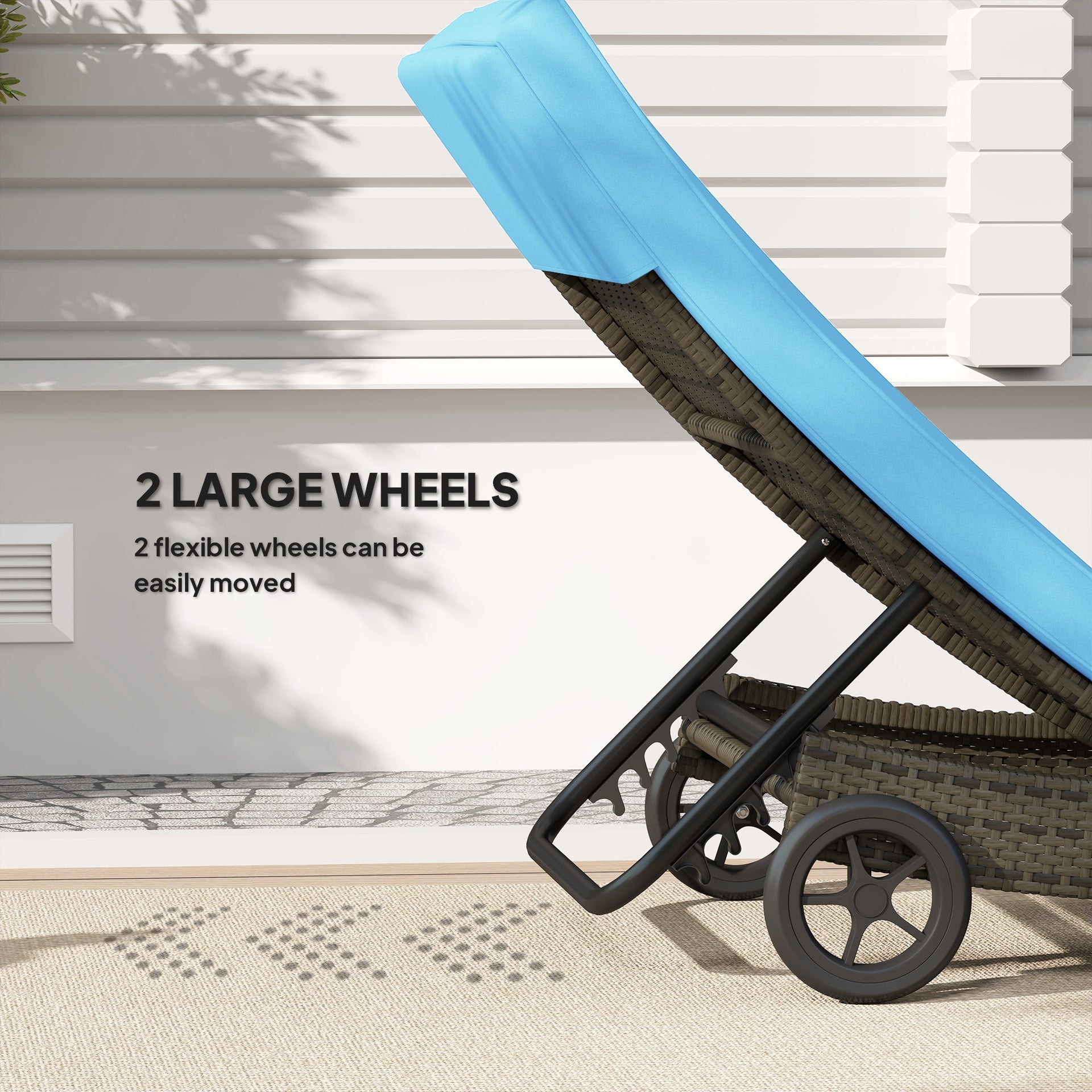 Outsunny Patio Wicker Chaise Lounge Chair, Outdoor PE Rattan Sun lounger with Adjustable Backrest and 2 Wheels, Sky Blue