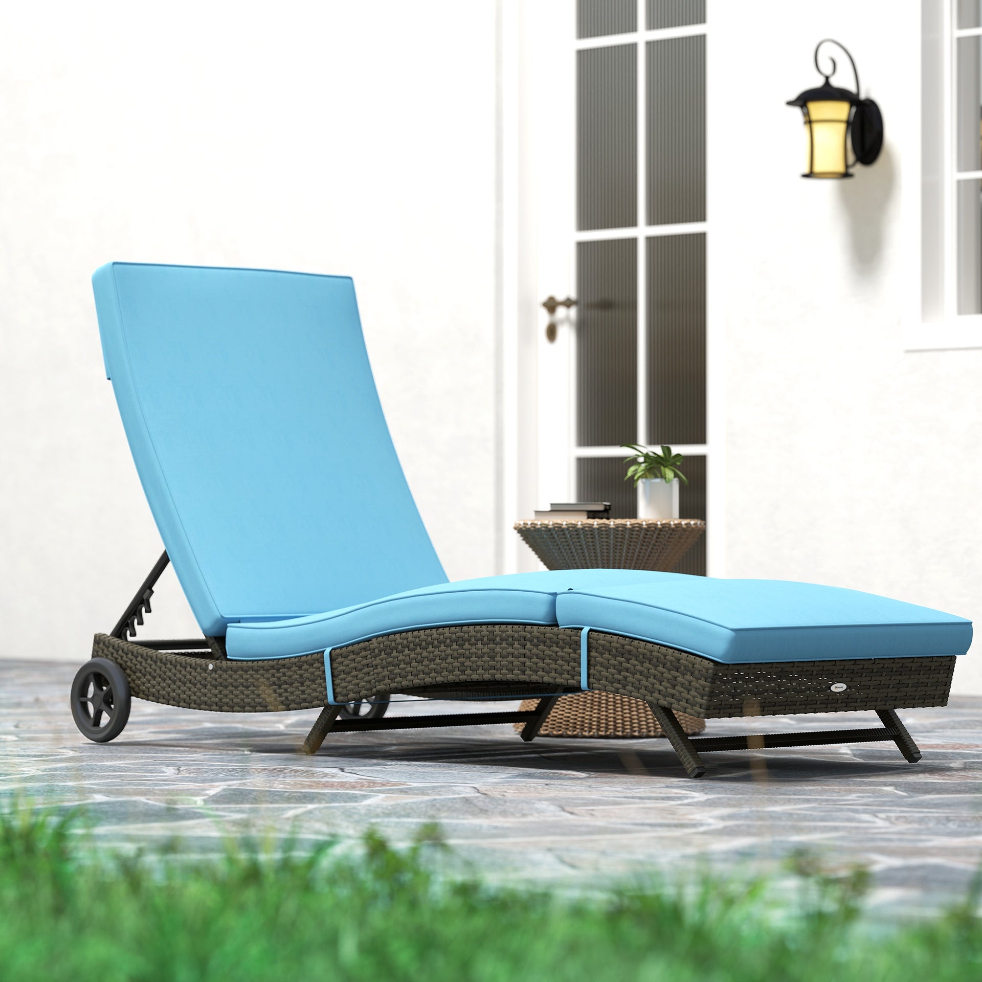 Outsunny Patio Wicker Chaise Lounge Chair, Outdoor PE Rattan Sun lounger with Adjustable Backrest and 2 Wheels, Sky Blue