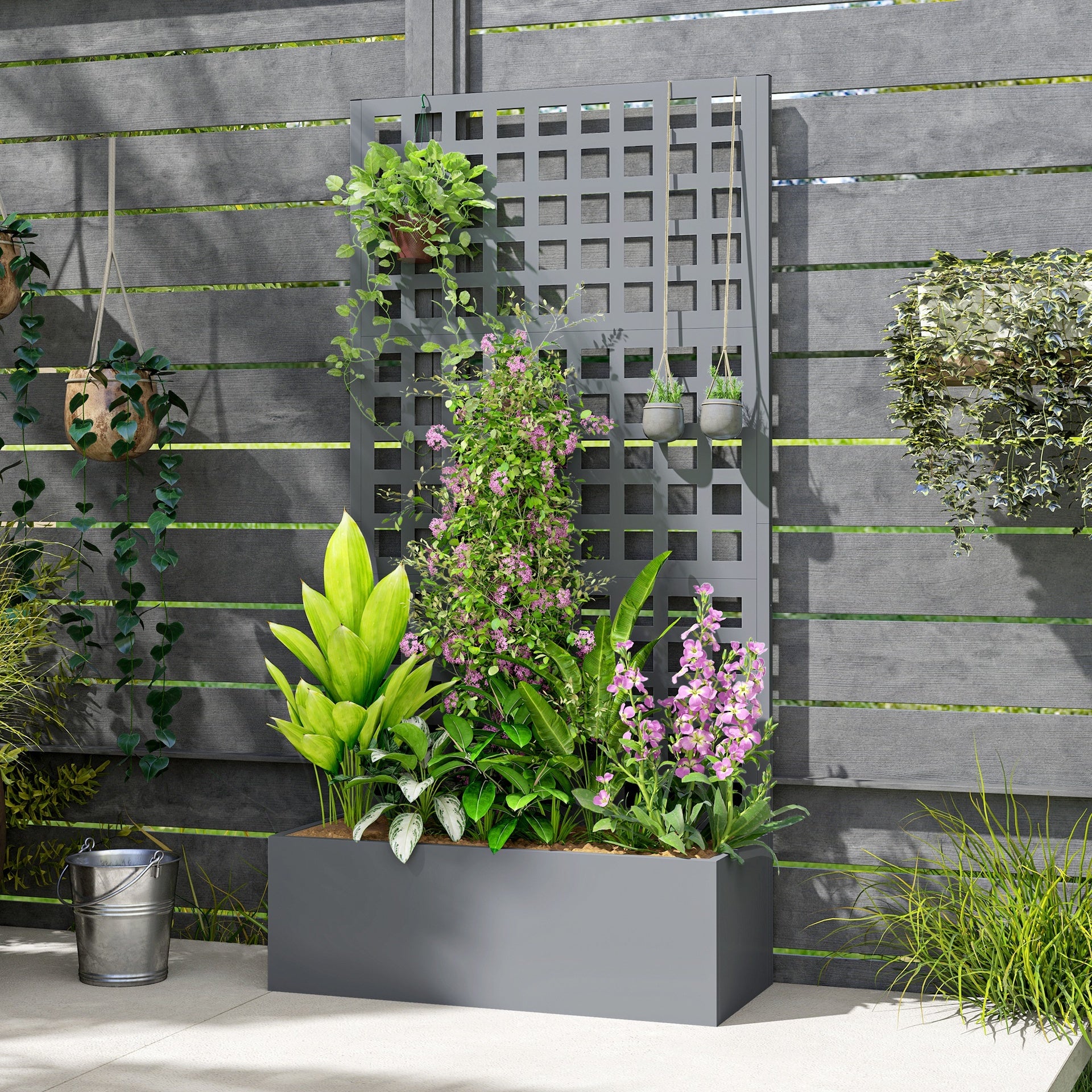 Outsunny Galvanized Raised Garden Bed Planter Box with Trellis for Climbing Plants, Vegetable, Vines, 35" x 16" x 70", Gray