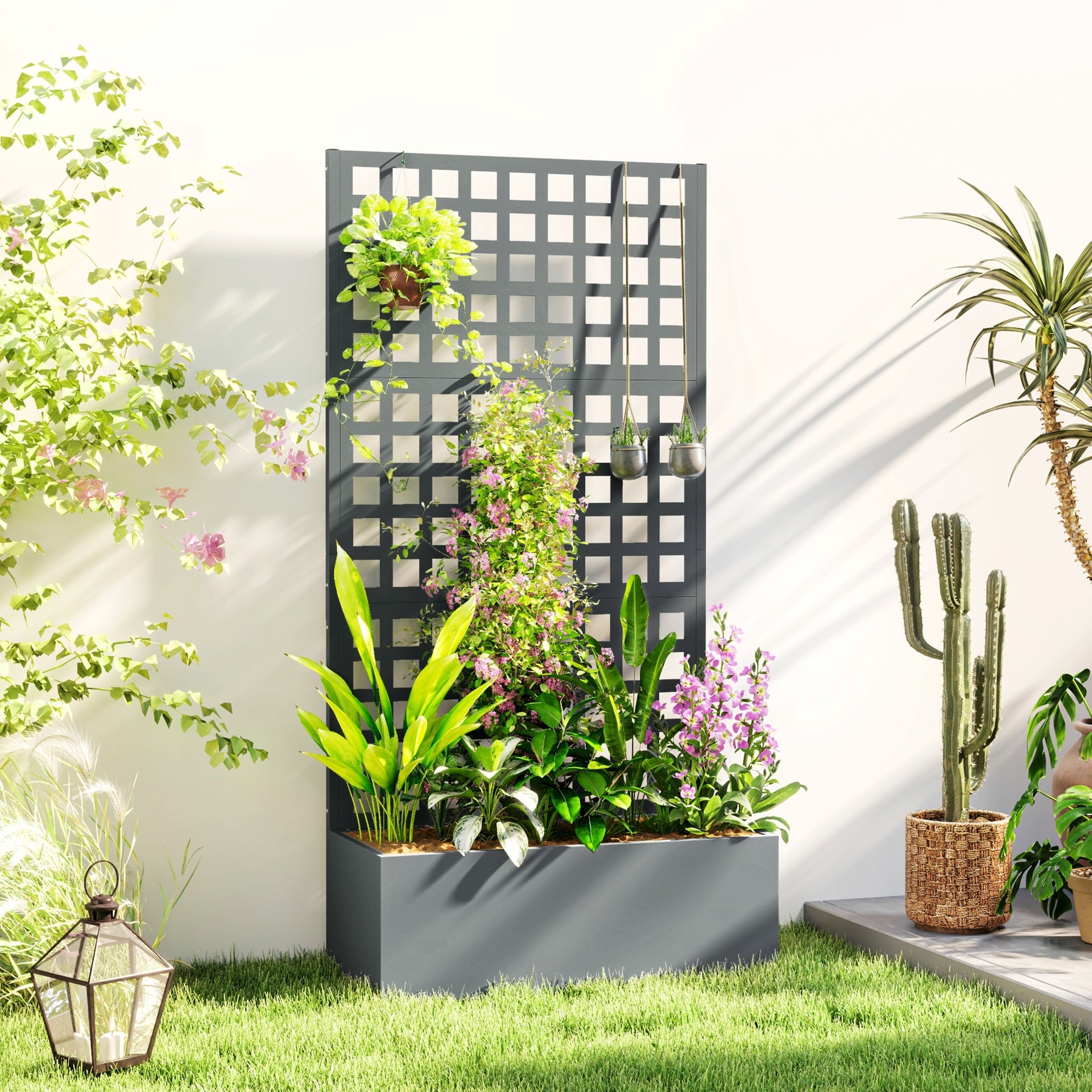 Outsunny Galvanized Raised Garden Bed Planter Box with Trellis for Climbing Plants, Vegetable, Vines, 35" x 16" x 70", Gray