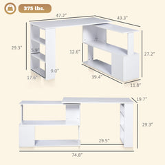 HOMCOM L Shaped Desk, Corner Computer Desk, 360 Degree Rotating Home Office Desk with Storage Shelves, Writing Table Workstation, White