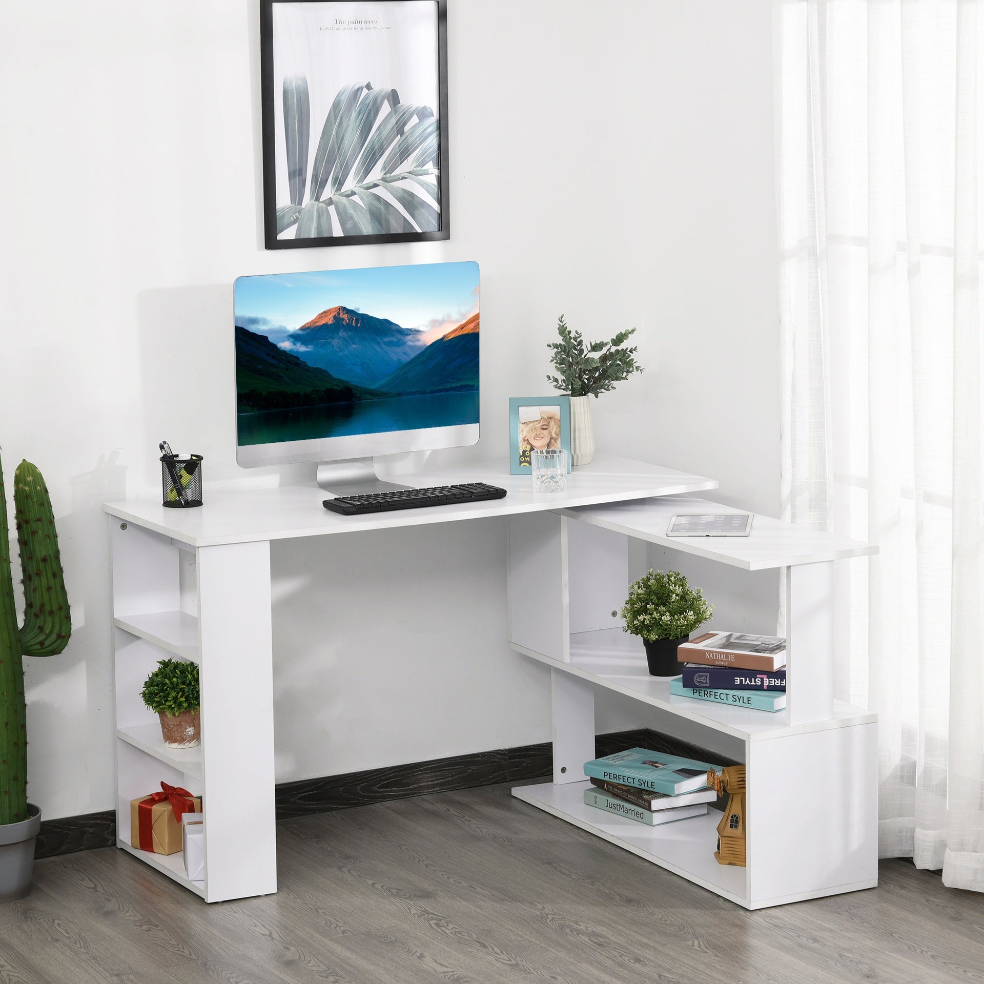 HOMCOM L Shaped Desk, Corner Computer Desk, 360 Degree Rotating Home Office Desk with Storage Shelves, Writing Table Workstation, White