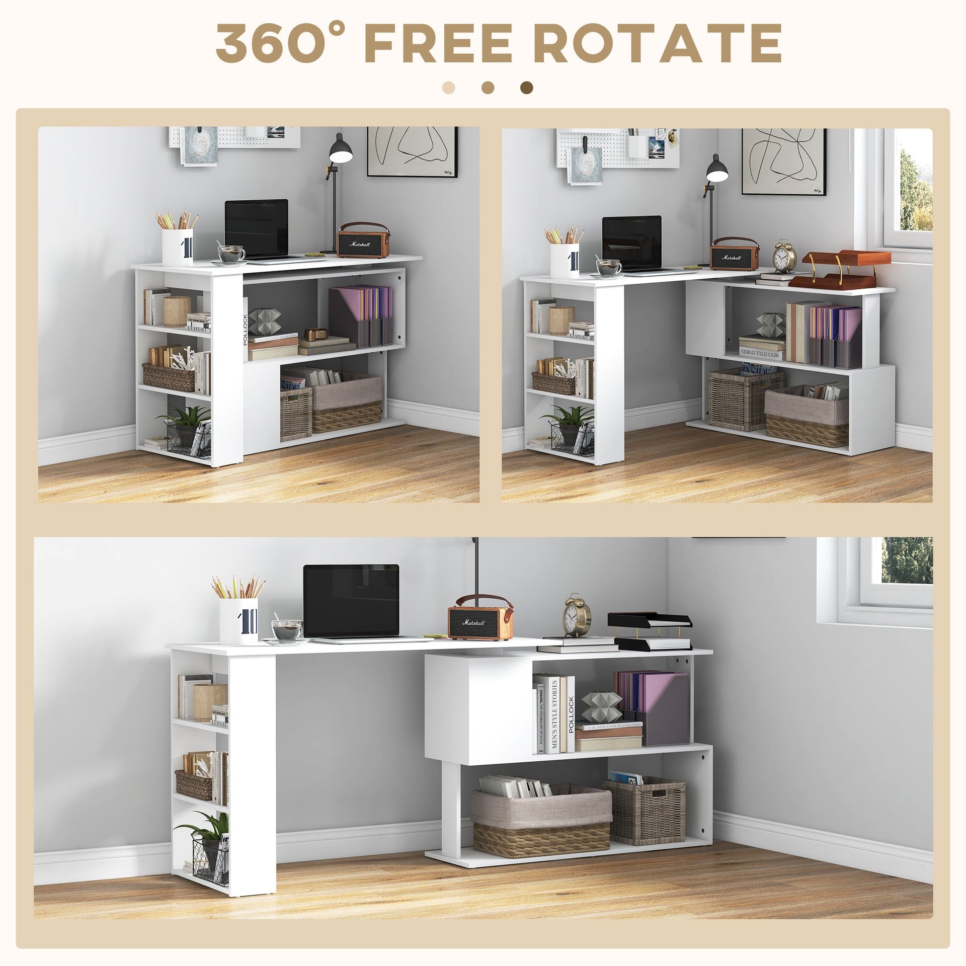 HOMCOM L Shaped Desk, Corner Computer Desk, 360 Degree Rotating Home Office Desk with Storage Shelves, Writing Table Workstation, White