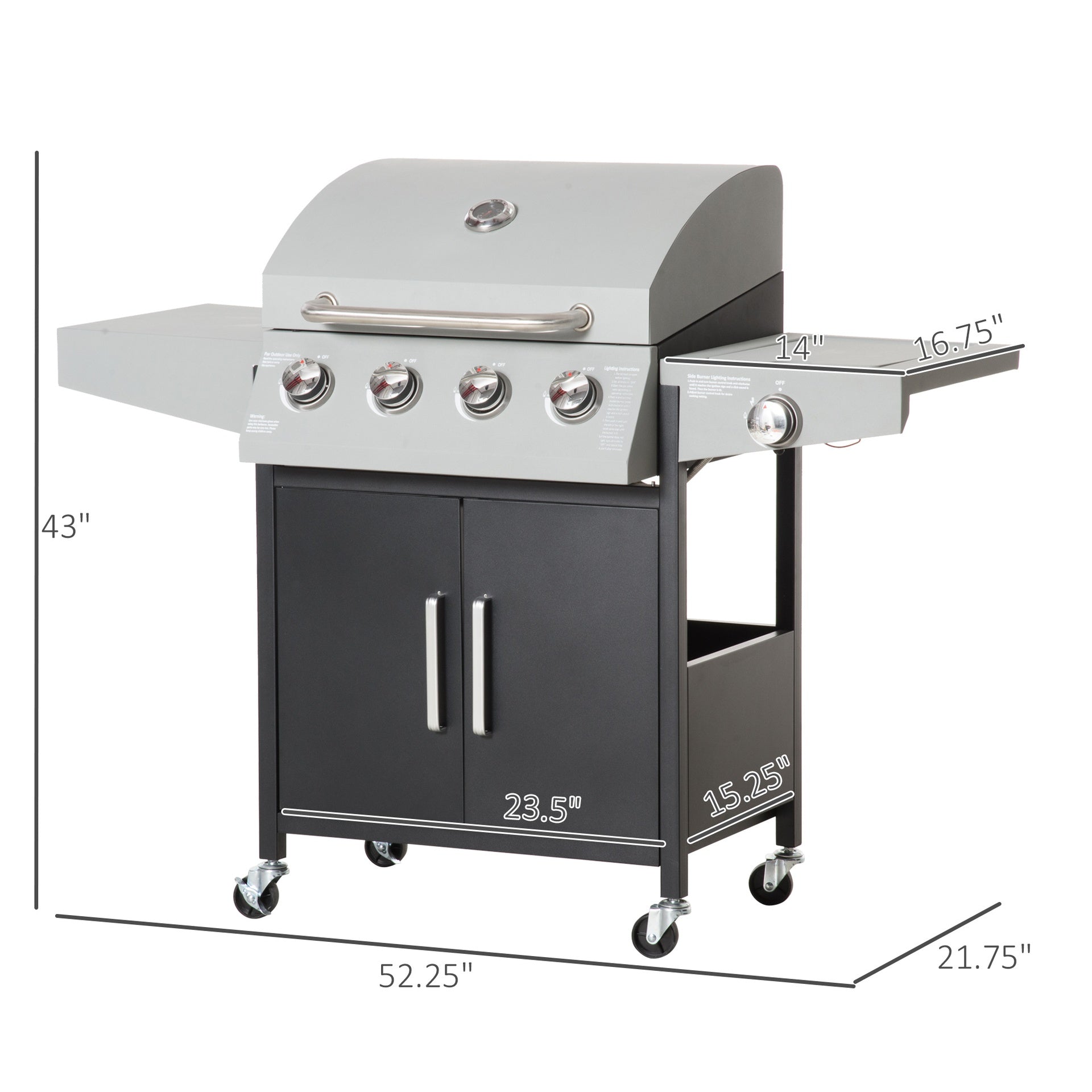 Outsunny 52" Barbecue Grill with Wheels 4+1 Burner Liquid Propane Gas Grill Outdoor Cabinet Style BBQ Trolley w/ Side Burner, Warming Rack, Storage Cabinet