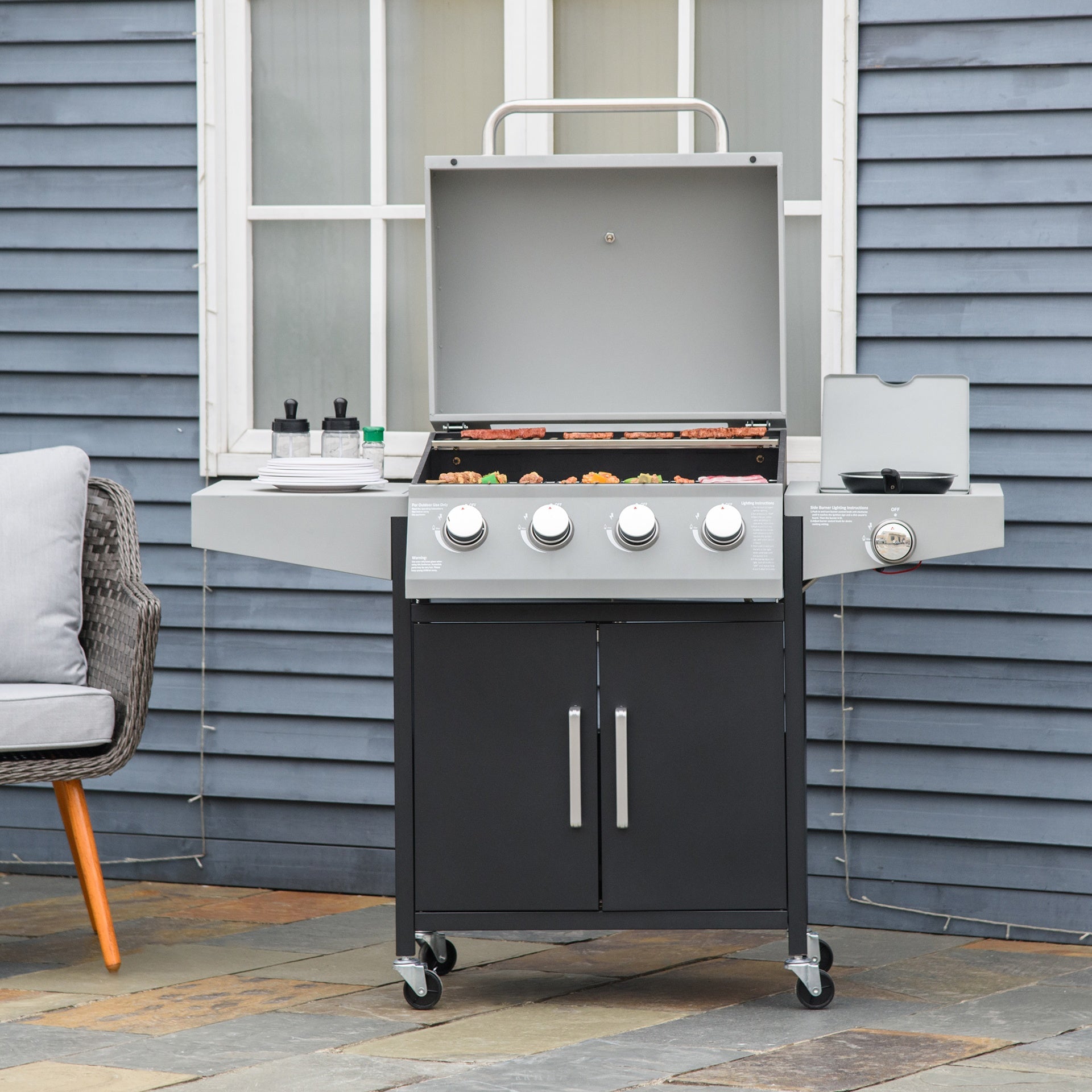 Outsunny 52" Barbecue Grill with Wheels 4+1 Burner Liquid Propane Gas Grill Outdoor Cabinet Style BBQ Trolley w/ Side Burner, Warming Rack, Storage Cabinet