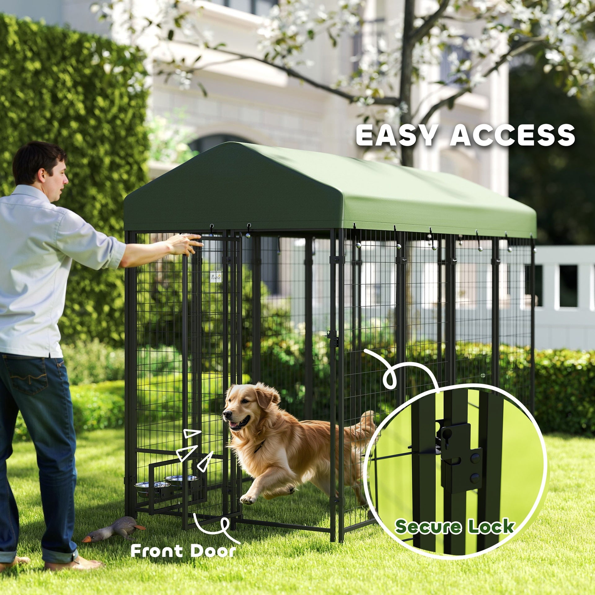 PawHut Outdoor Dog Kennel with Rotating Bowl Holders, Pet Playpen with Waterproof Cover, 8' x 4' x 6', Green