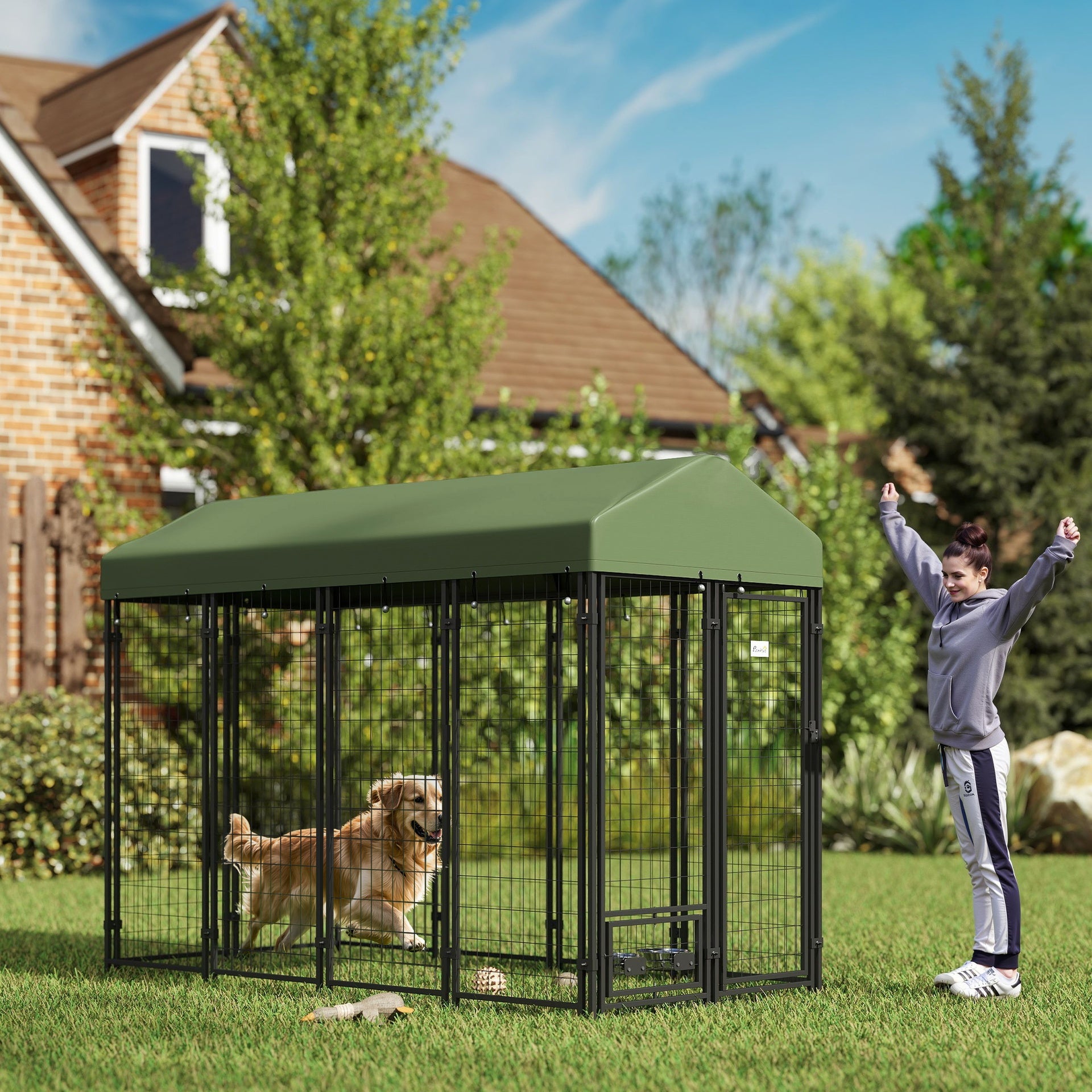 PawHut Outdoor Dog Kennel with Rotating Bowl Holders, Pet Playpen with Waterproof Cover, 8' x 4' x 6', Green