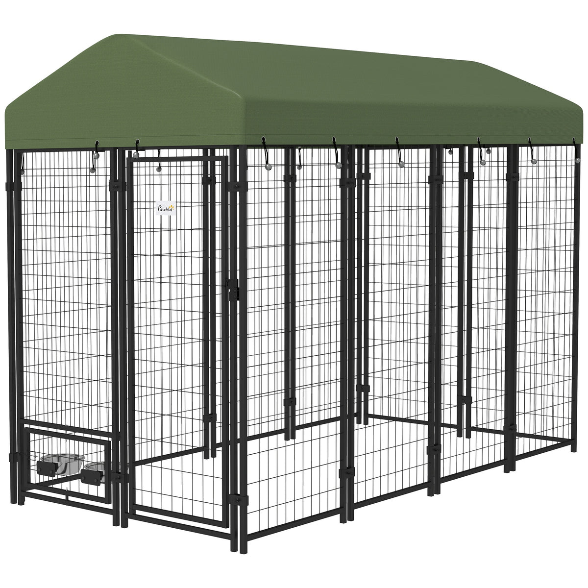 PawHut Outdoor Dog Kennel with Rotating Bowl Holders, Pet Playpen with Waterproof Cover, 8' x 4' x 6', Green