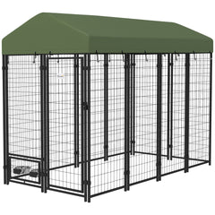PawHut Outdoor Dog Kennel with Rotating Bowl Holders, Pet Playpen with Waterproof Cover, 8' x 4' x 6', Green