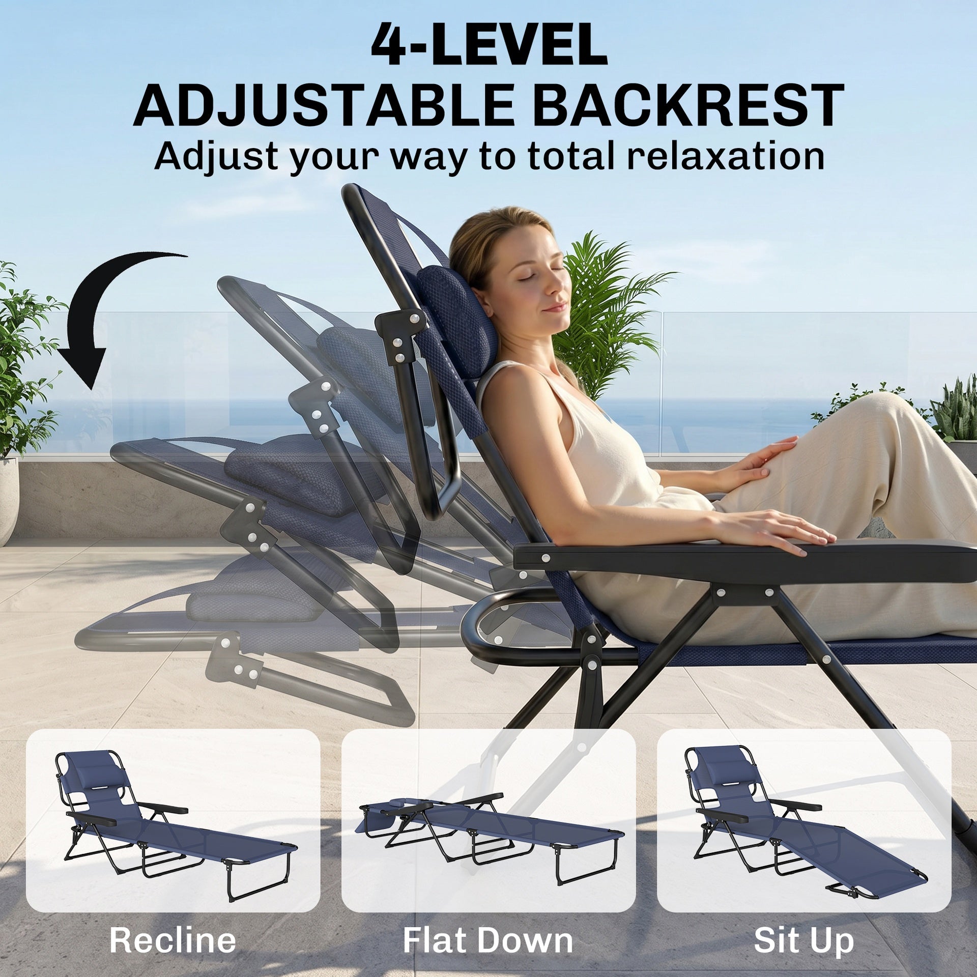 Outsunny Folding Lounge Chair w/ Reclining Back, Navy Blue