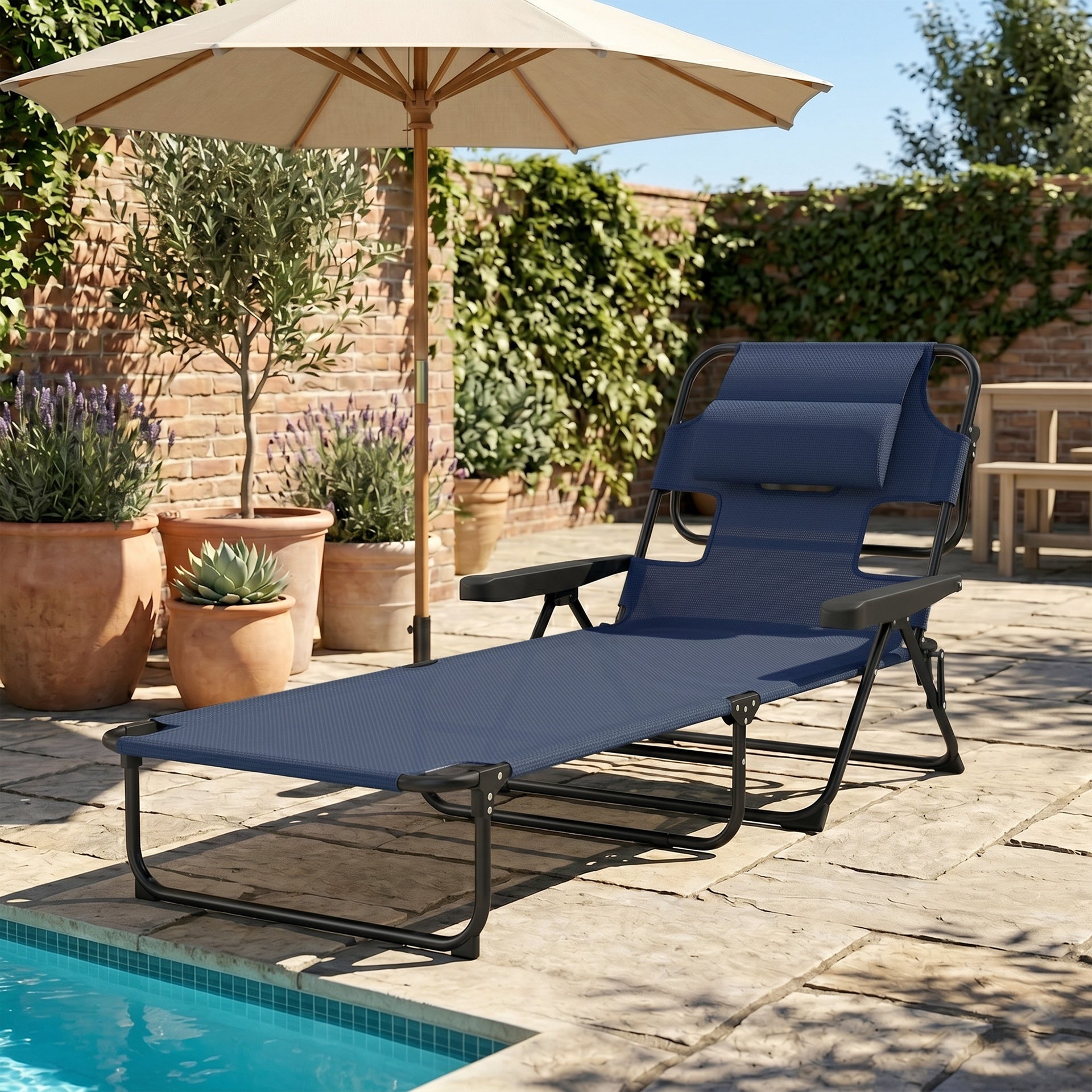 Outsunny Folding Lounge Chair w/ Reclining Back, Navy Blue