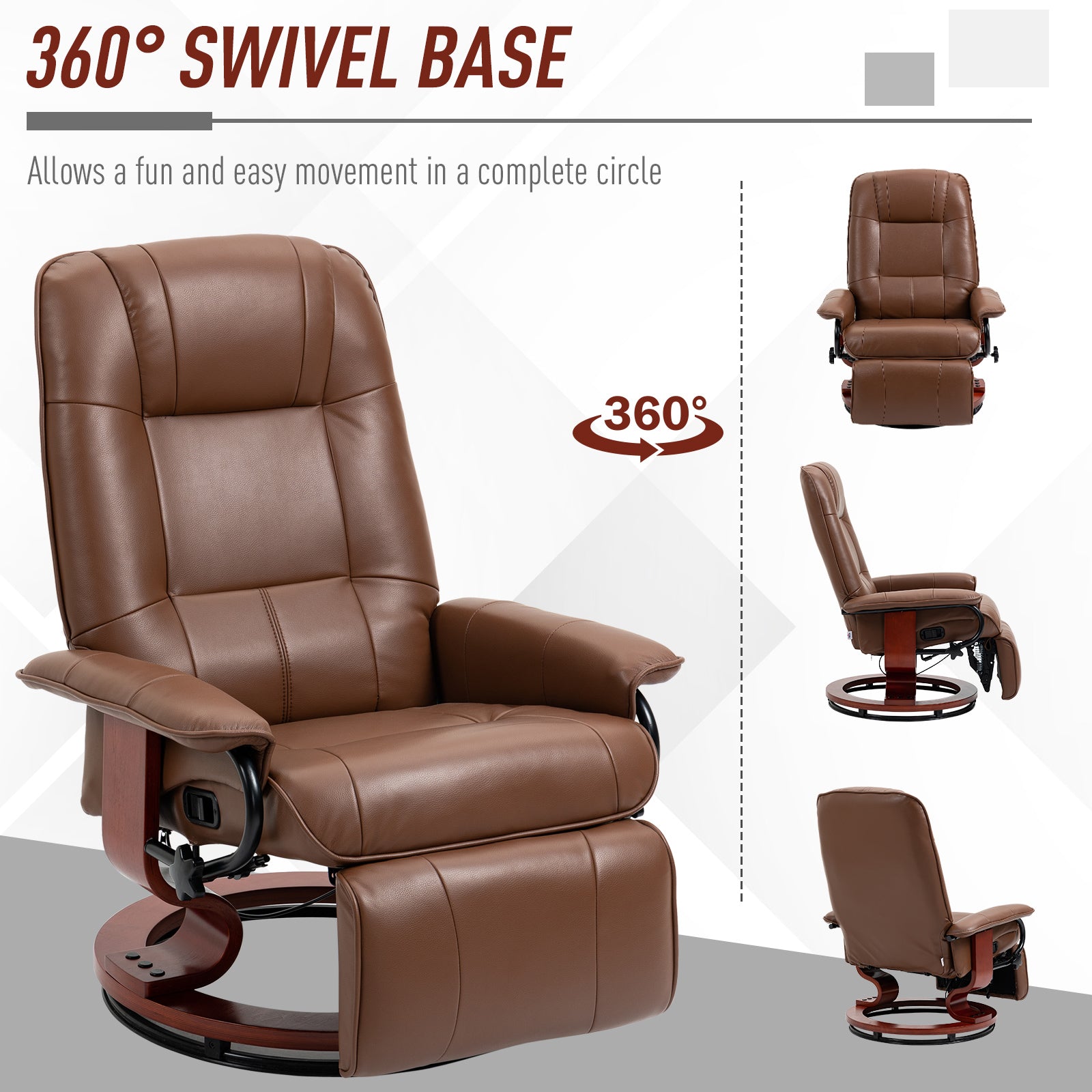 HOMCOM Swivel Recliner Chair, PU Leather Reclining Armchair with Retractable Footrest, Lounge Chair with Wood Base and Adjustable High Back for Small Spaces, Living Room, RV, Bedroom, Brown