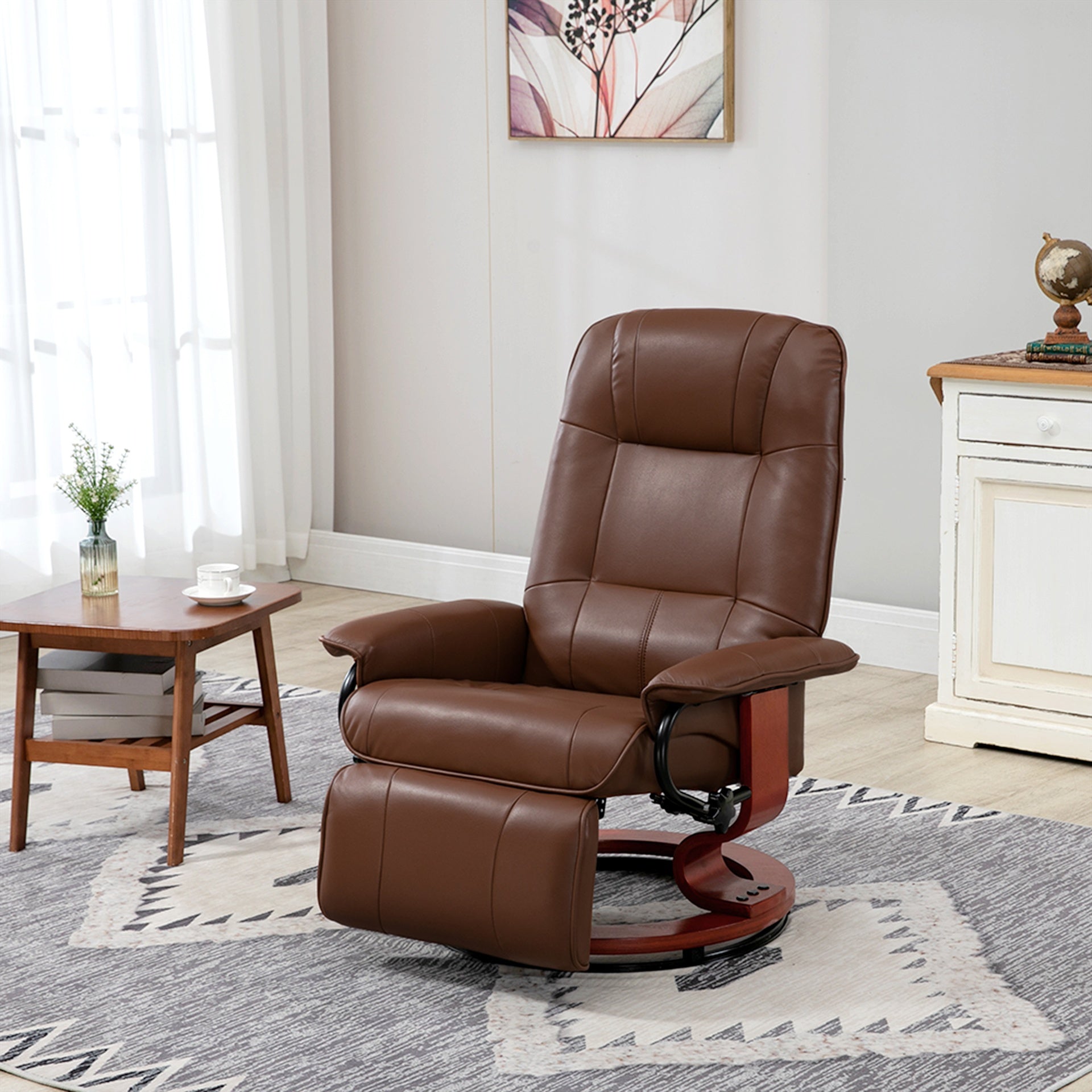 HOMCOM Swivel Recliner Chair, PU Leather Reclining Armchair with Retractable Footrest, Lounge Chair with Wood Base and Adjustable High Back for Small Spaces, Living Room, RV, Bedroom, Brown