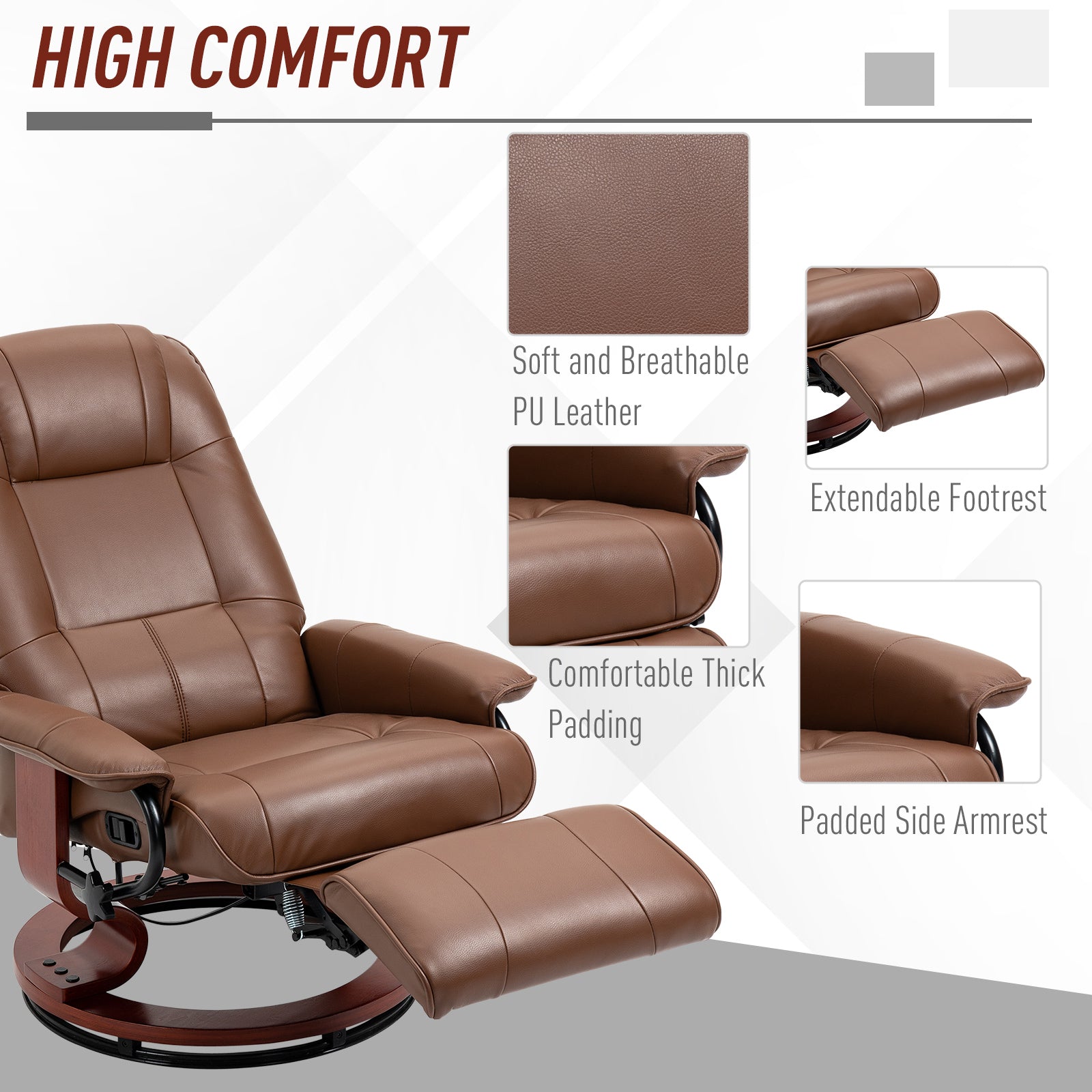 HOMCOM Swivel Recliner Chair, PU Leather Reclining Armchair with Retractable Footrest, Lounge Chair with Wood Base and Adjustable High Back for Small Spaces, Living Room, RV, Bedroom, Brown