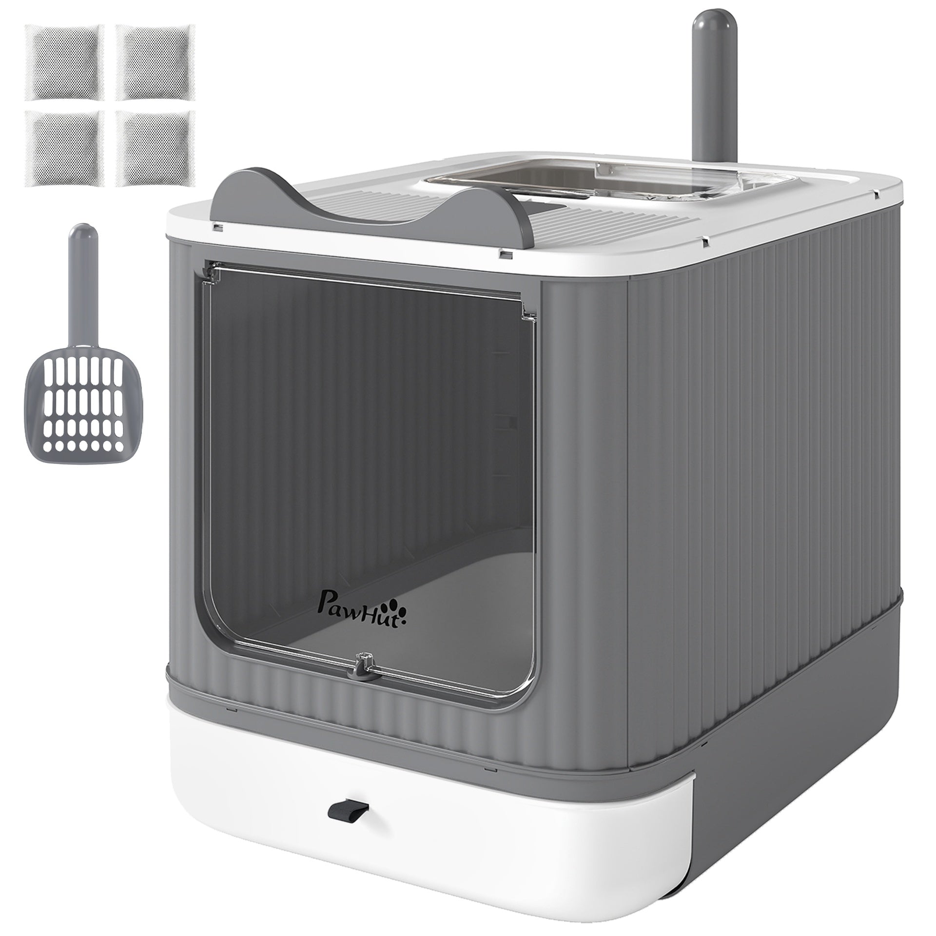 PawHut Cat Litter Box with Lid, Enclosed Litter Box for Medium Cats, Front-Entry and Top-Exit, Scoop, Deodorizer Bag, White