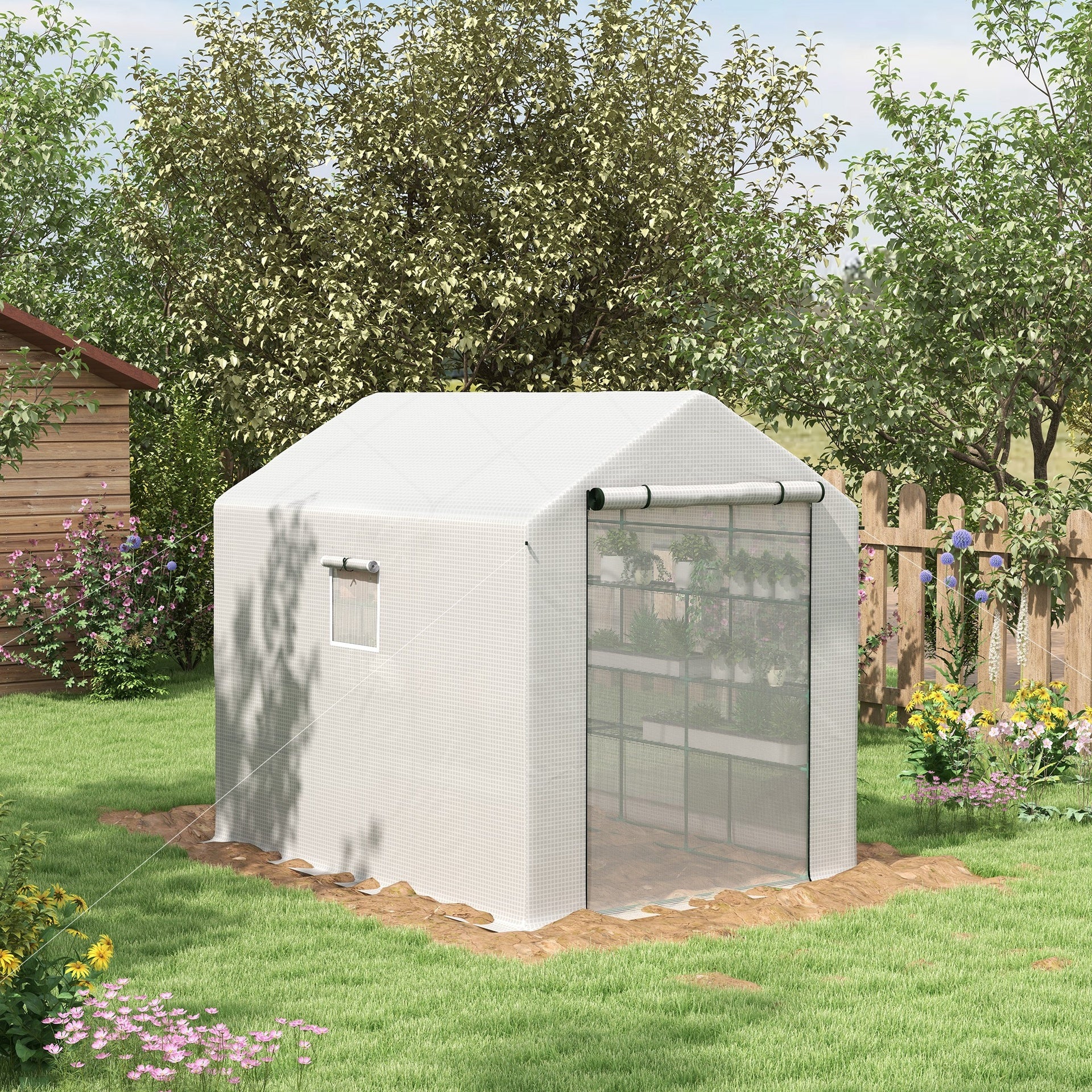 Outsunny 8' x 6' x 7' Portable Walk in Greenhouse with Mesh, Door, Windows, 18 Shelf, Trellis, Plant Labels, White