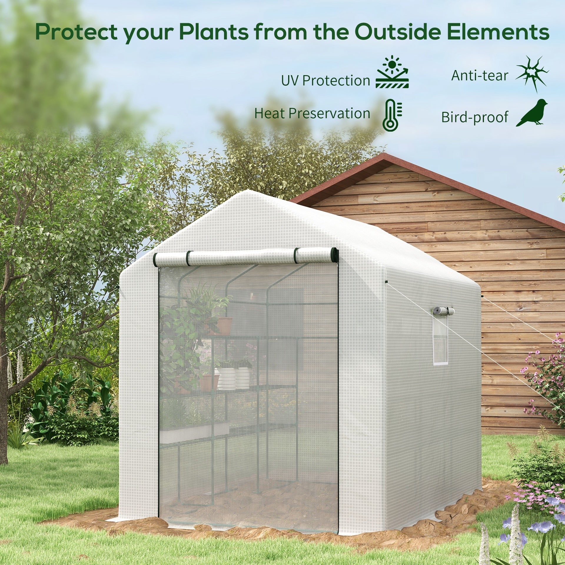 Outsunny 8' x 6' x 7' Portable Walk in Greenhouse with Mesh, Door, Windows, 18 Shelf, Trellis, Plant Labels, White