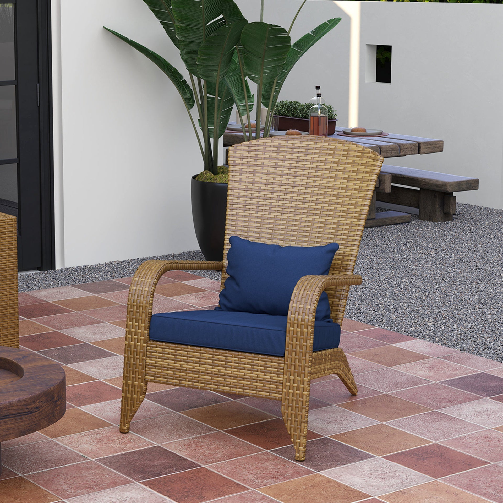 Outsunny Patio Adirondack Chair with Rattan Wicker, Soft Cushions, Tall Curved Backrest for Deck or Garden, Dark Blue