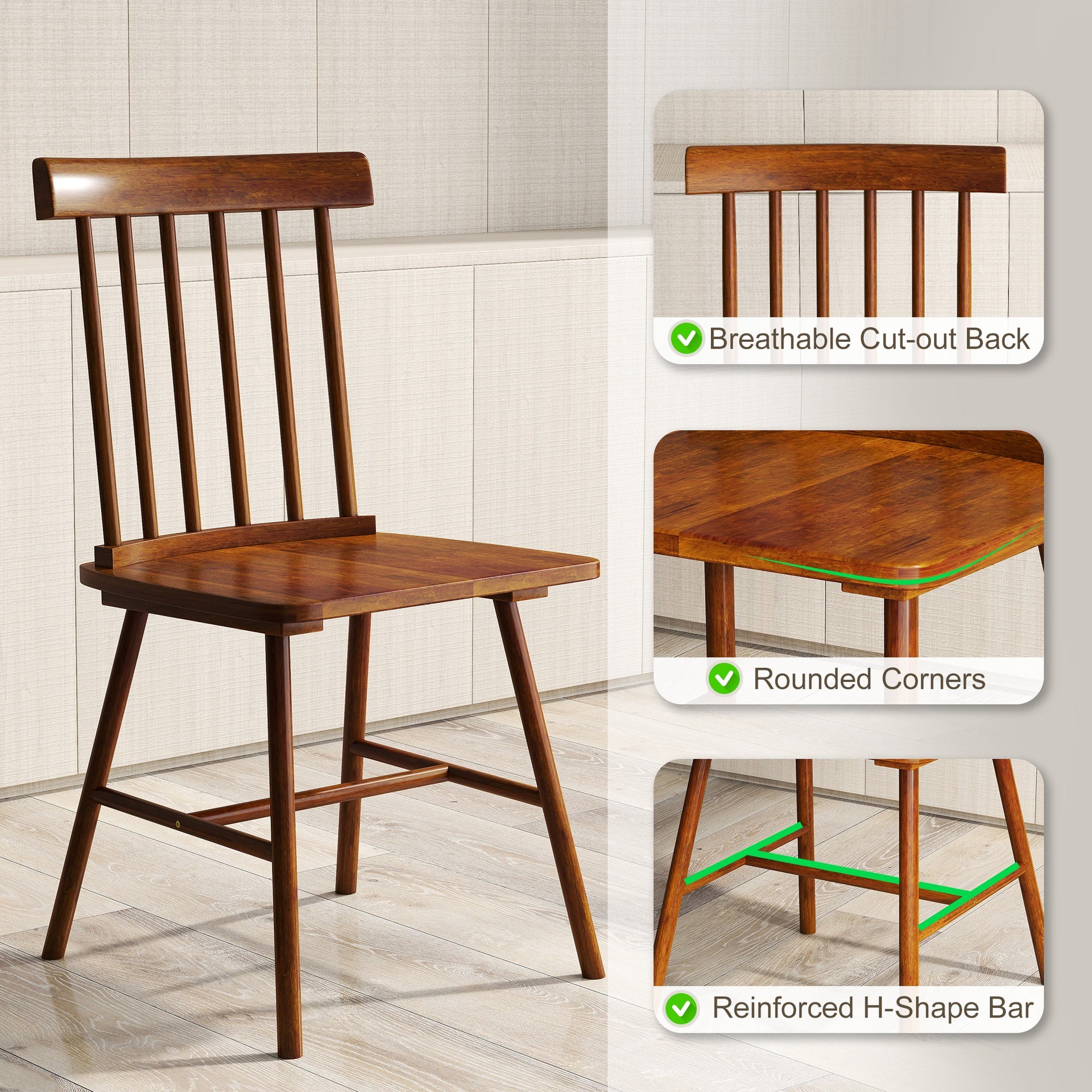 HOMCOM Dining Chairs Set of 4, Farmhouse Wood Kitchen Chairs with Rubber Wood Frame, Spindle Back for Dining Room, Light Brown