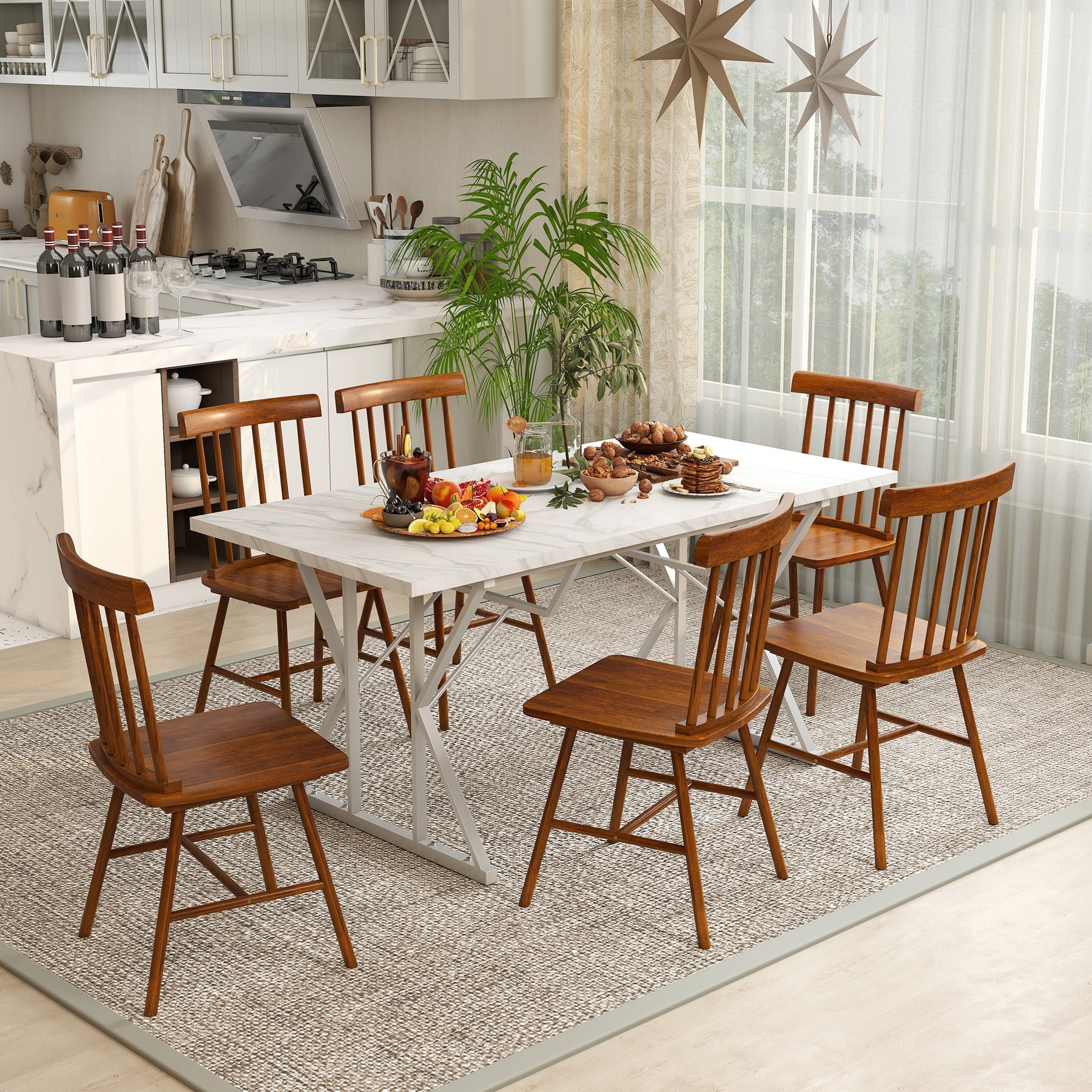 HOMCOM Dining Chairs Set of 4, Farmhouse Wood Kitchen Chairs with Rubber Wood Frame, Spindle Back for Dining Room, Light Brown