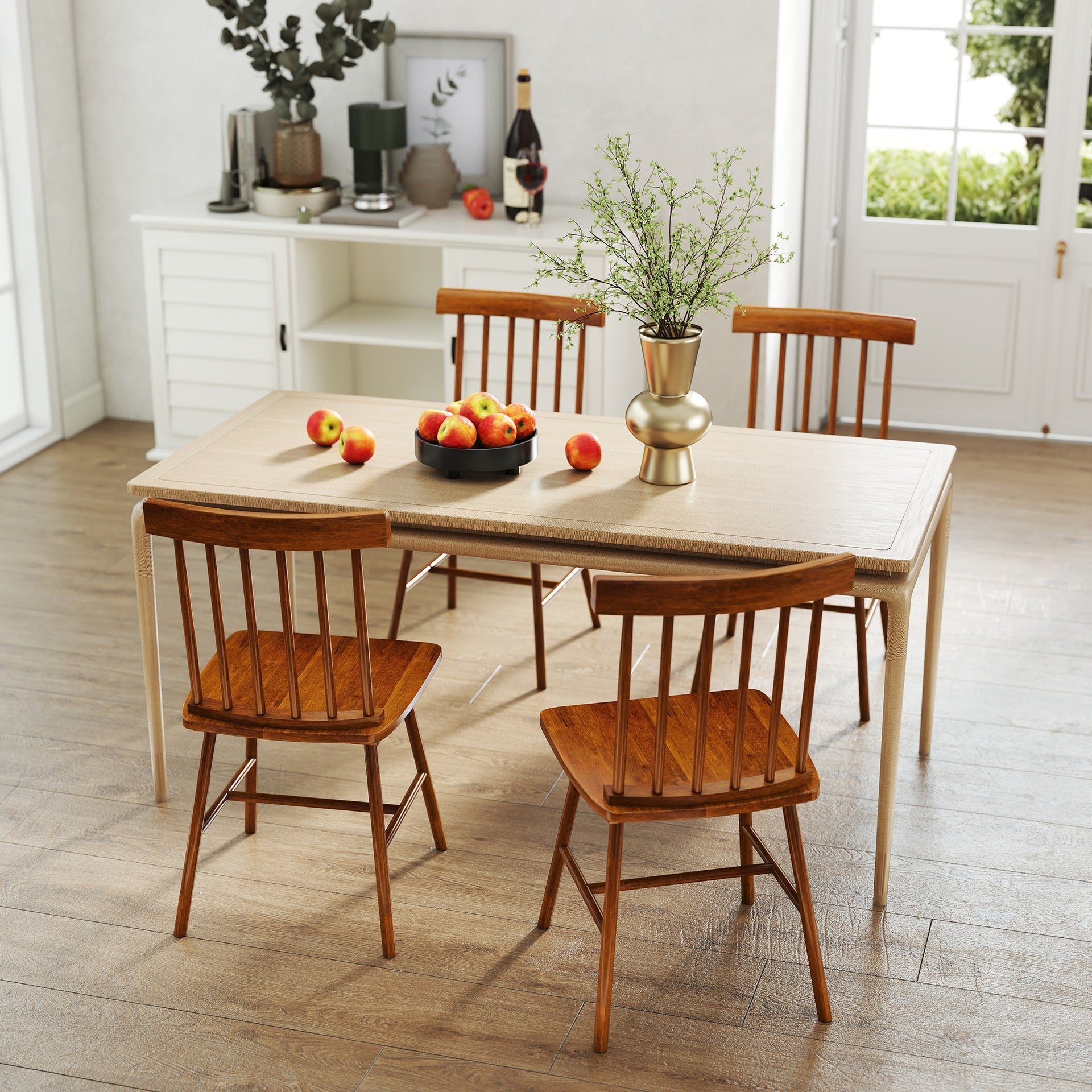 HOMCOM Dining Chairs Set of 4, Farmhouse Wood Kitchen Chairs with Rubber Wood Frame, Spindle Back for Dining Room, Light Brown