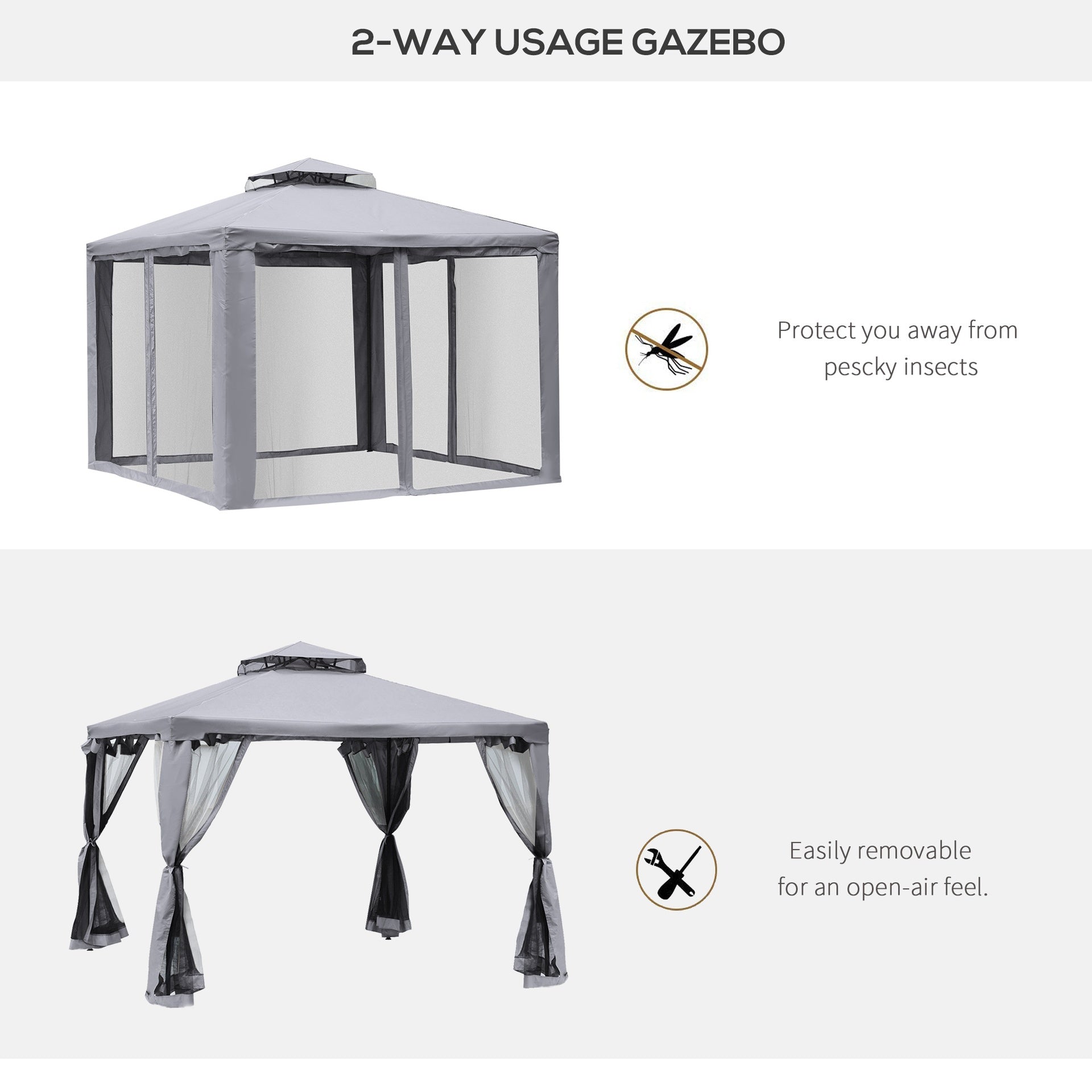 Outsunny 9.6' x 9.6' Patio Gazebo, Outdoor Canopy Shelter with 2-Tier Roof and Netting, Steel Frame for Garden, Lawn, Backyard, and Deck, Gray