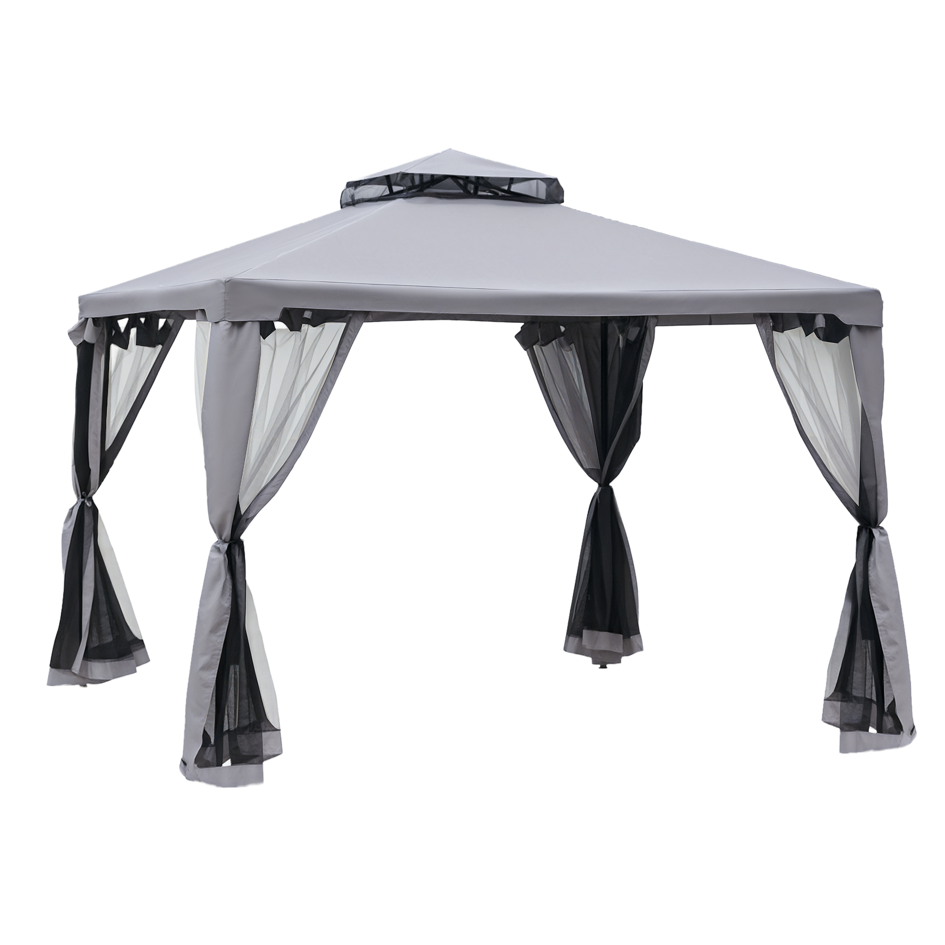 Outsunny 9.6' x 9.6' Patio Gazebo, Outdoor Canopy Shelter with 2-Tier Roof and Netting, Steel Frame for Garden, Lawn, Backyard, and Deck, Gray