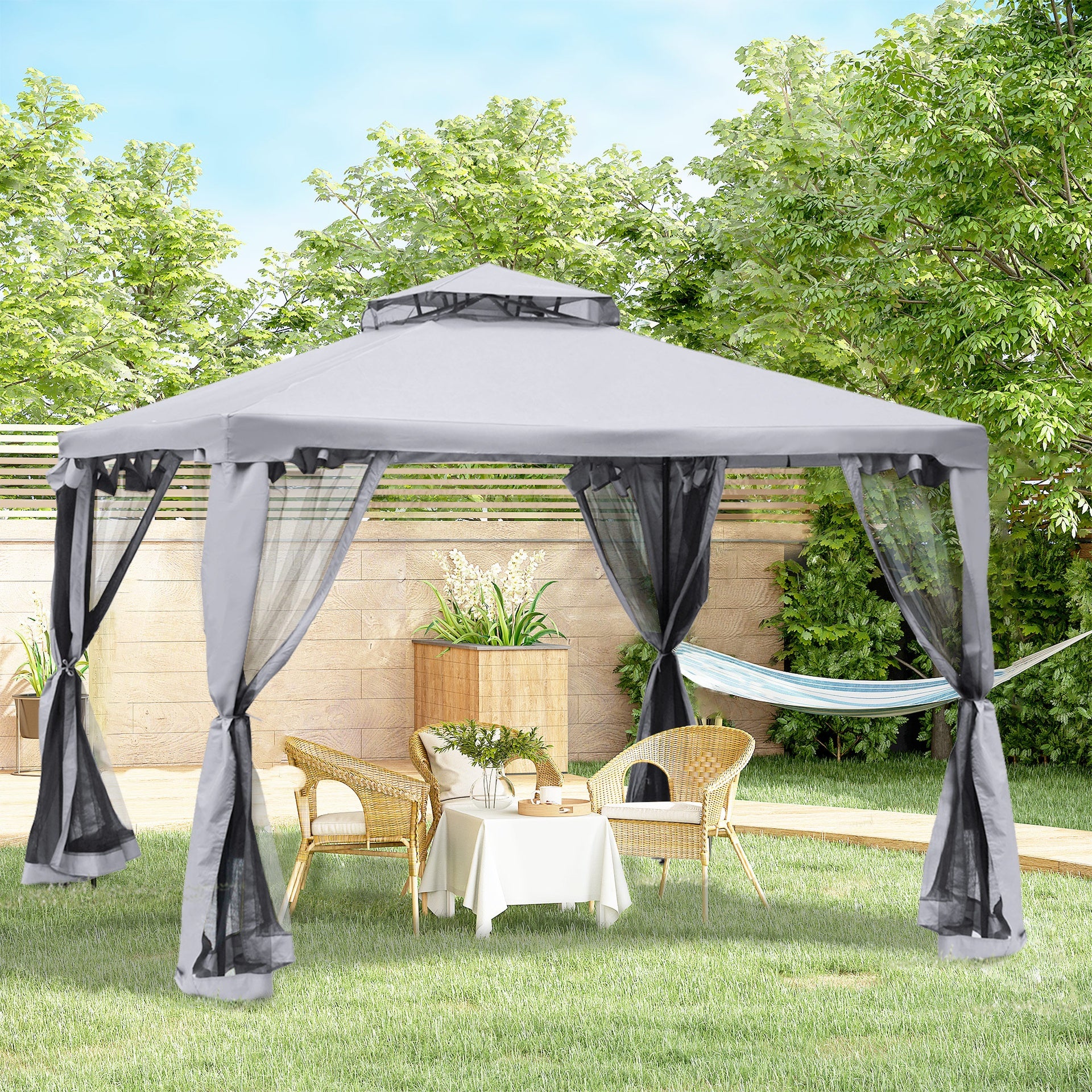 Outsunny 9.6' x 9.6' Patio Gazebo, Outdoor Canopy Shelter with 2-Tier Roof and Netting, Steel Frame for Garden, Lawn, Backyard, and Deck, Gray