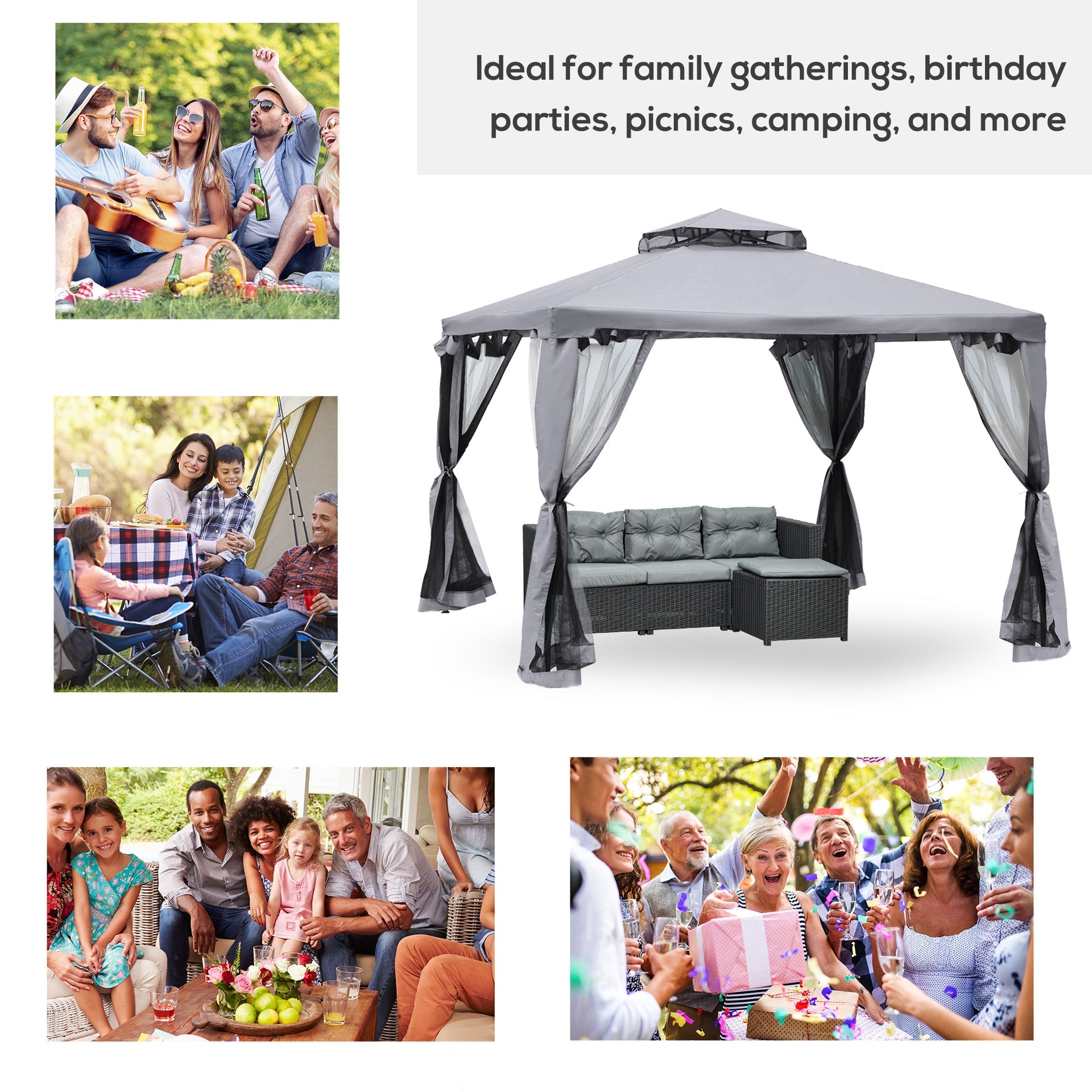 Outsunny 9.6' x 9.6' Patio Gazebo, Outdoor Canopy Shelter with 2-Tier Roof and Netting, Steel Frame for Garden, Lawn, Backyard, and Deck, Gray
