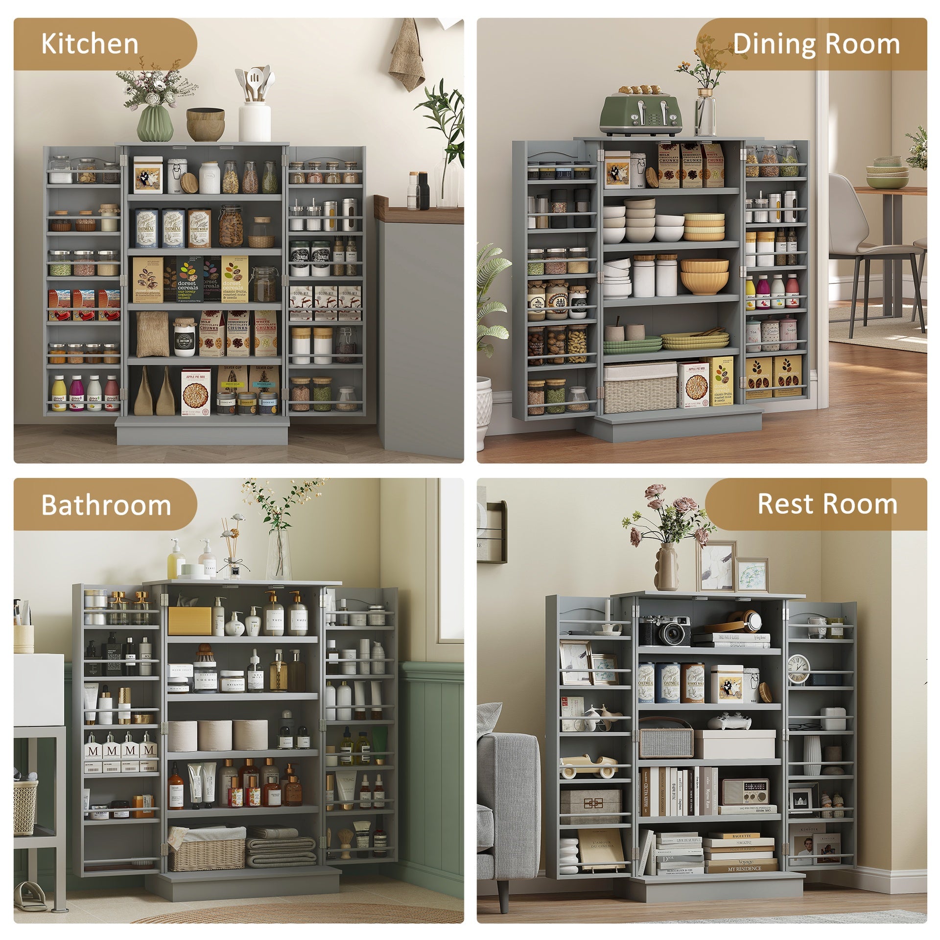 HOMCOM Freestanding Kitchen Pantry Cabinet, Kitchen Cabinet with 12 Door Shelves, Double Doors, 5-tier Shelving, Gray