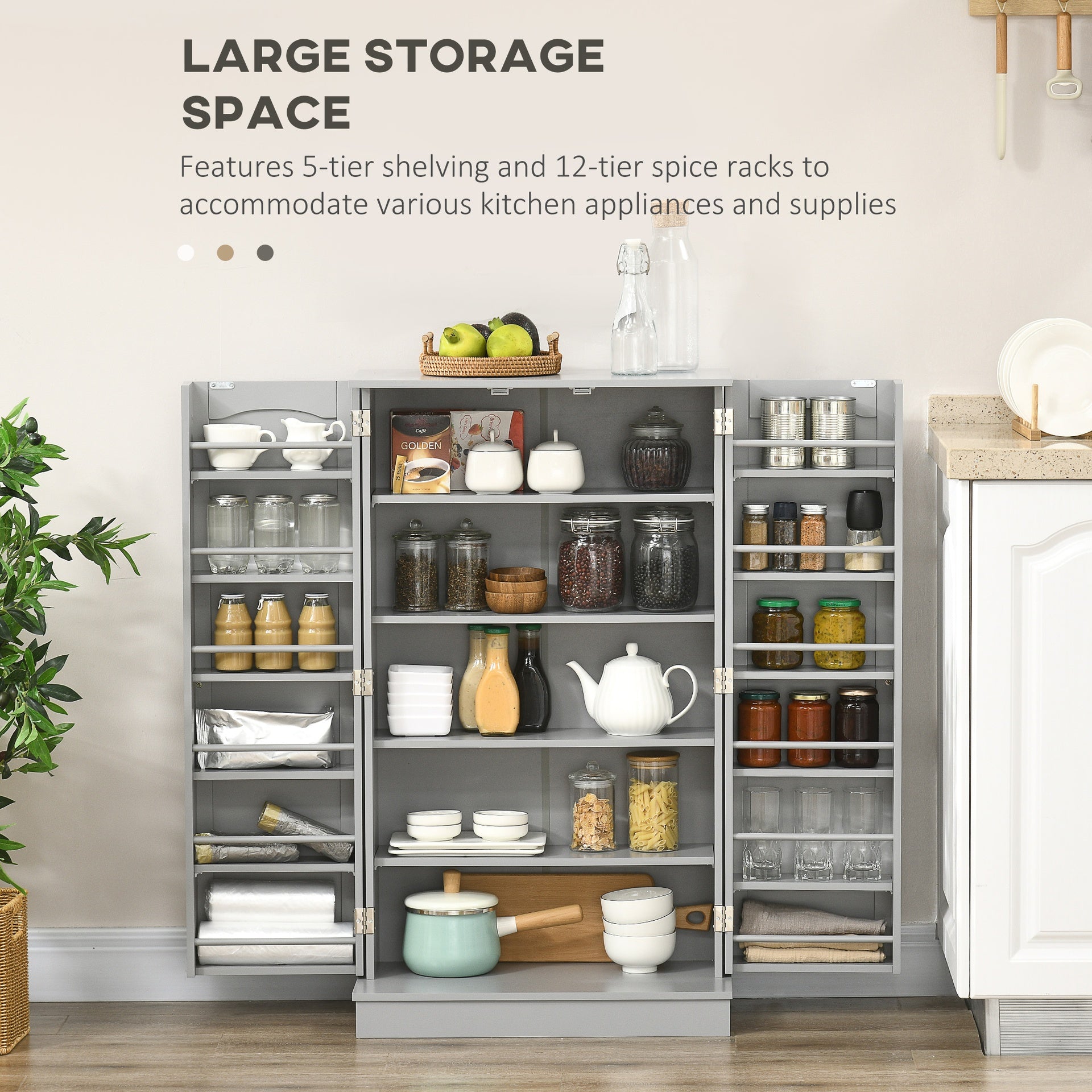 HOMCOM Freestanding Kitchen Pantry Cabinet, Kitchen Cabinet with 12 Door Shelves, Double Doors, 5-tier Shelving, Gray