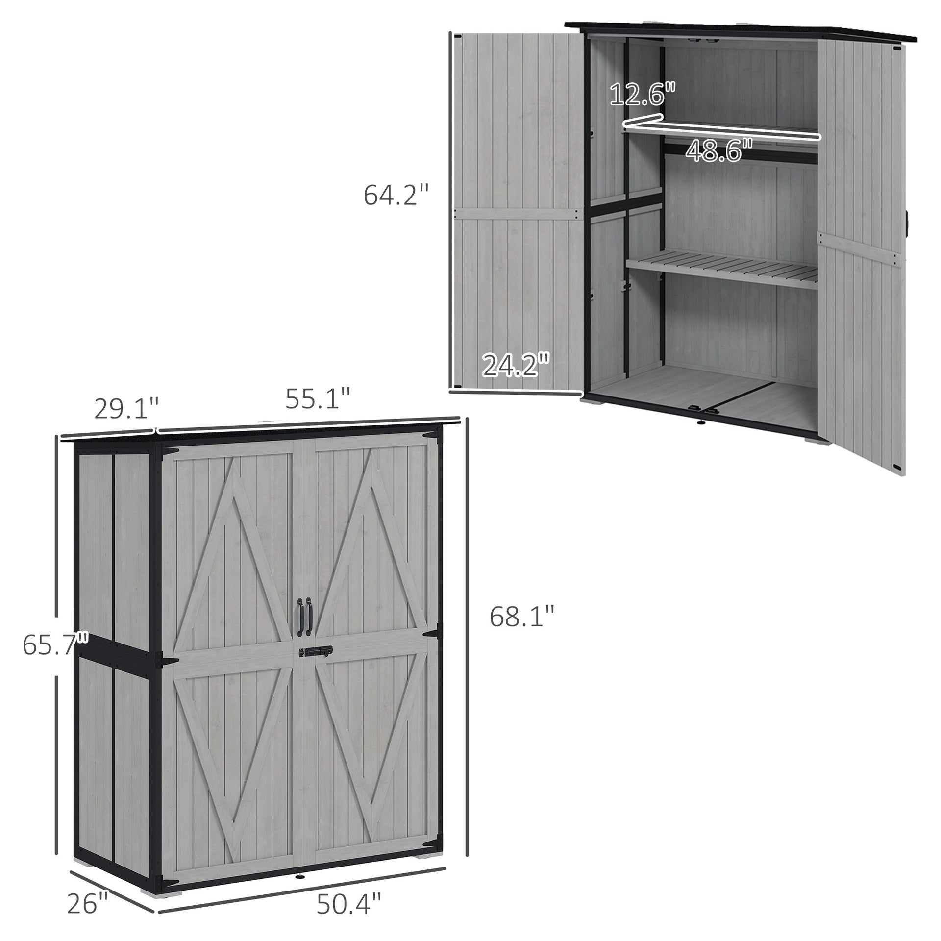 Outsunny Wood Storage Shed, Outdoor Garden Shed with Asphalt Roof, 2 Shelves, Lockable Doors and Adjustable Feet, Gray