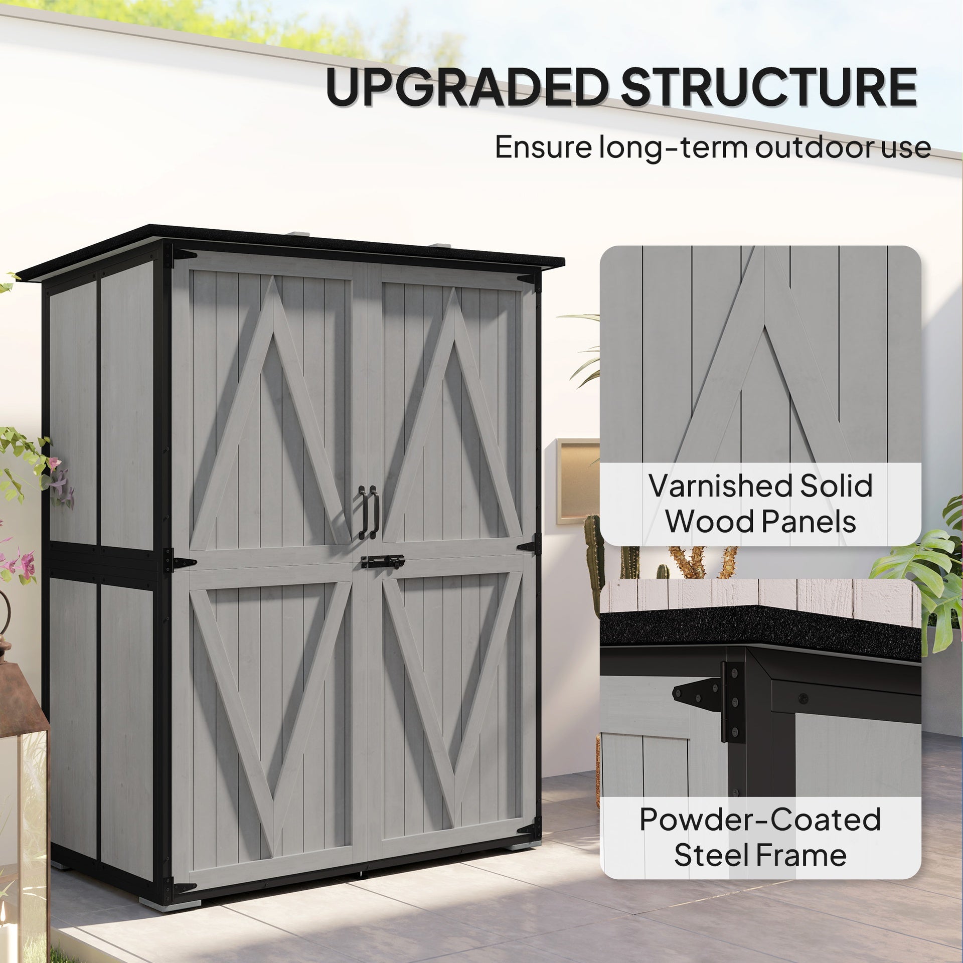 Outsunny Wood Storage Shed, Outdoor Garden Shed with Asphalt Roof, 2 Shelves, Lockable Doors and Adjustable Feet, Gray