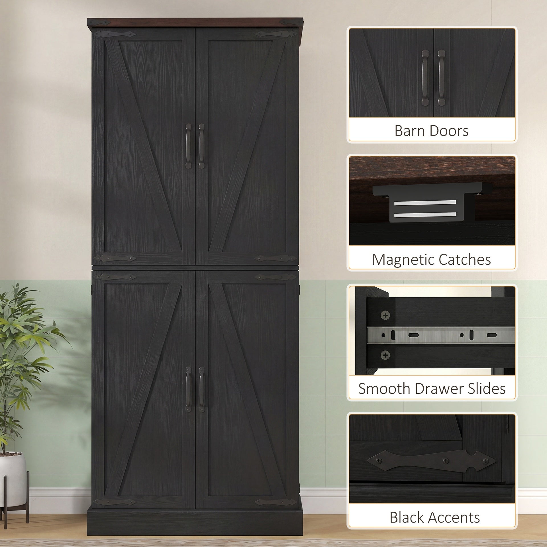 HOMCOM 72" Tall Kitchen Pantry Cabinet, Farmhouse Storage Cabinet with 8 Door Racks and Adjustable Shelves, Black