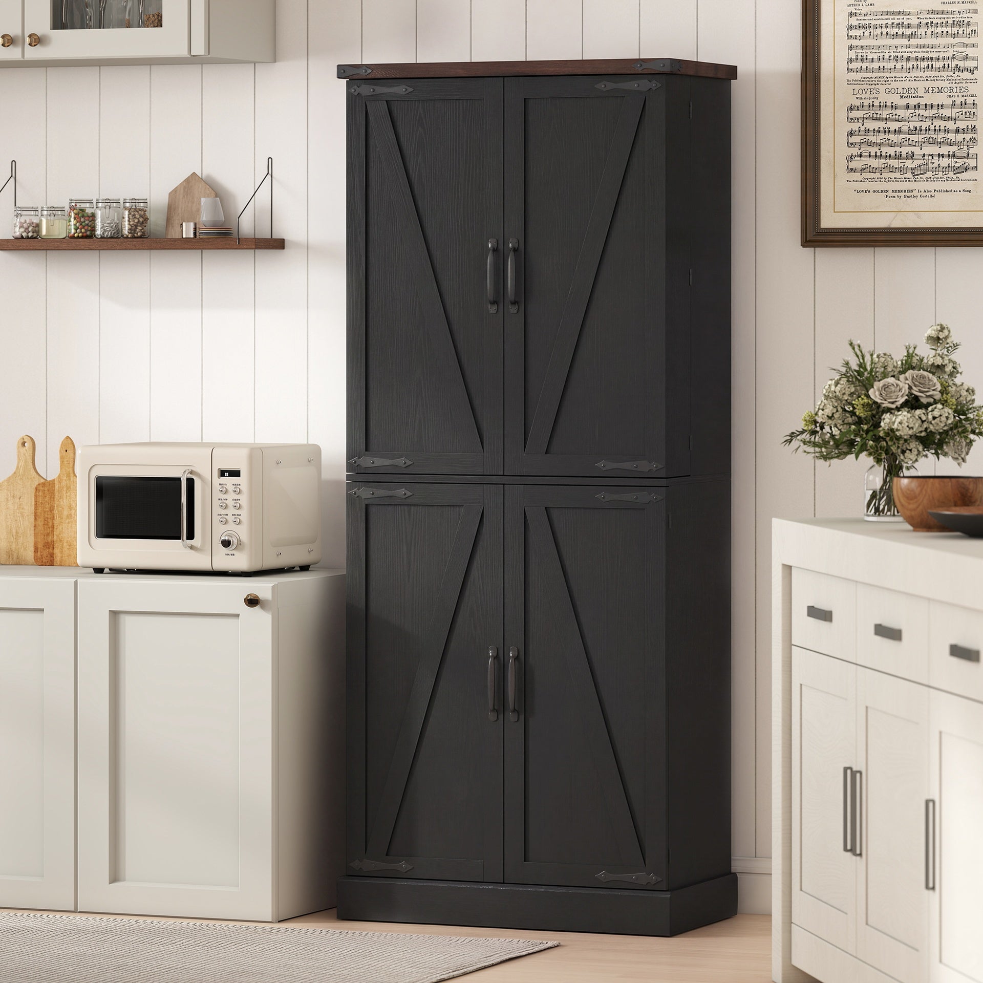 HOMCOM 72" Tall Kitchen Pantry Cabinet, Farmhouse Storage Cabinet with 8 Door Racks and Adjustable Shelves, Black