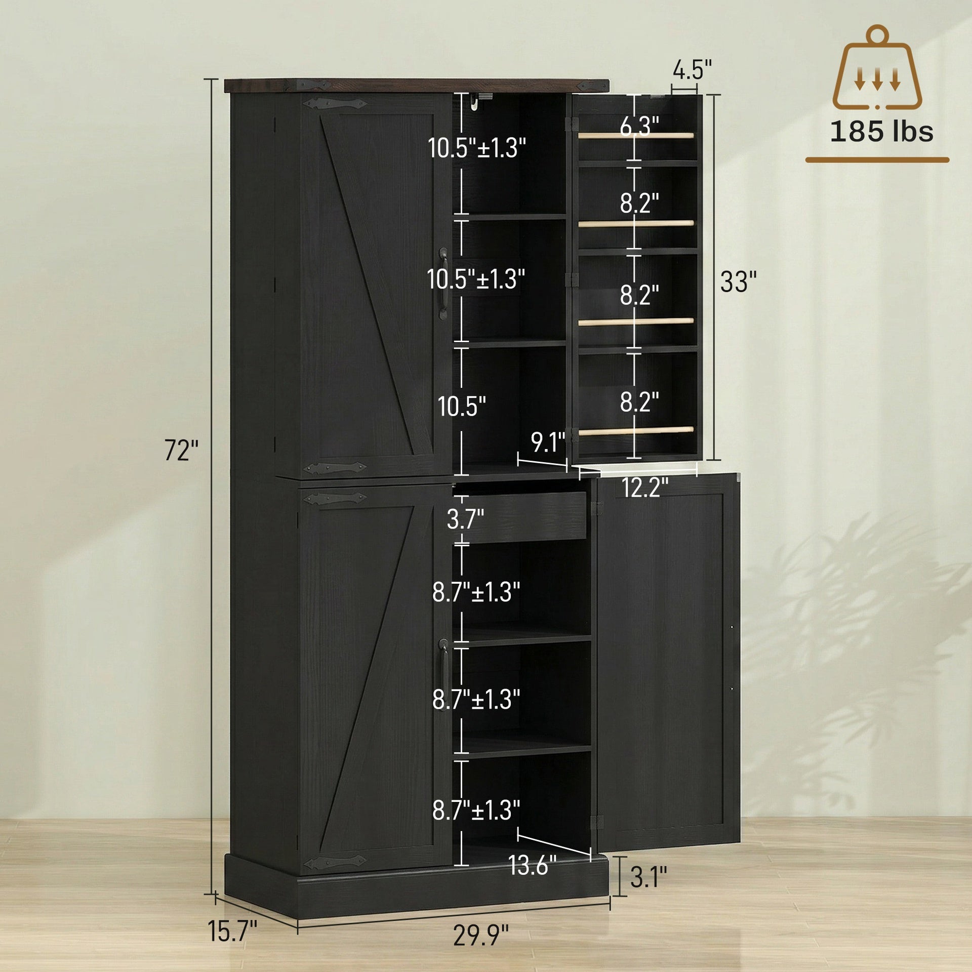 HOMCOM 72" Tall Kitchen Pantry Cabinet, Farmhouse Storage Cabinet with 8 Door Racks and Adjustable Shelves, Black