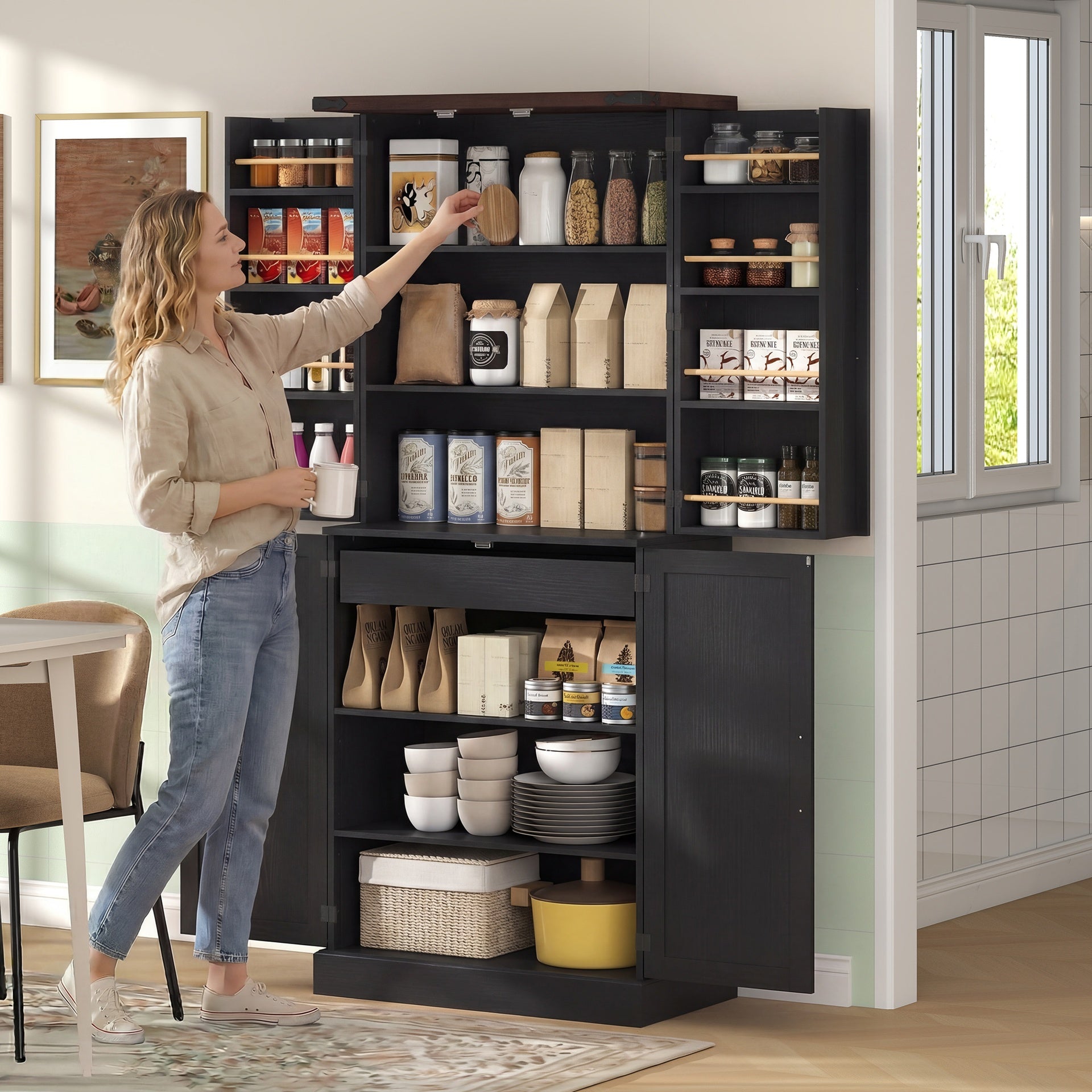 HOMCOM 72" Tall Kitchen Pantry Cabinet, Farmhouse Storage Cabinet with 8 Door Racks and Adjustable Shelves, Black