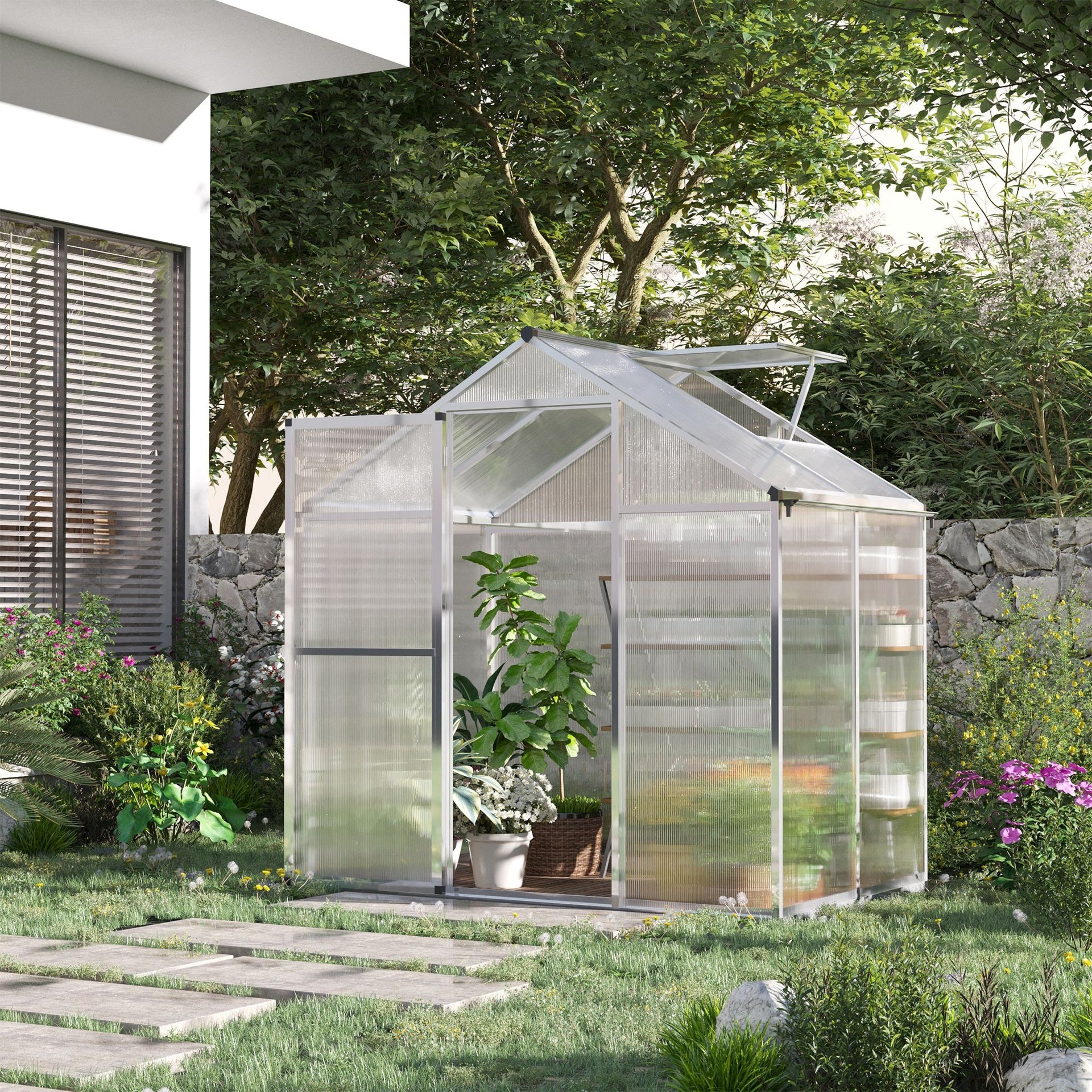 Outsunny 4' L x 6' W Walk-In Polycarbonate Greenhouse with Roof Vent,Greenhouse for Winter