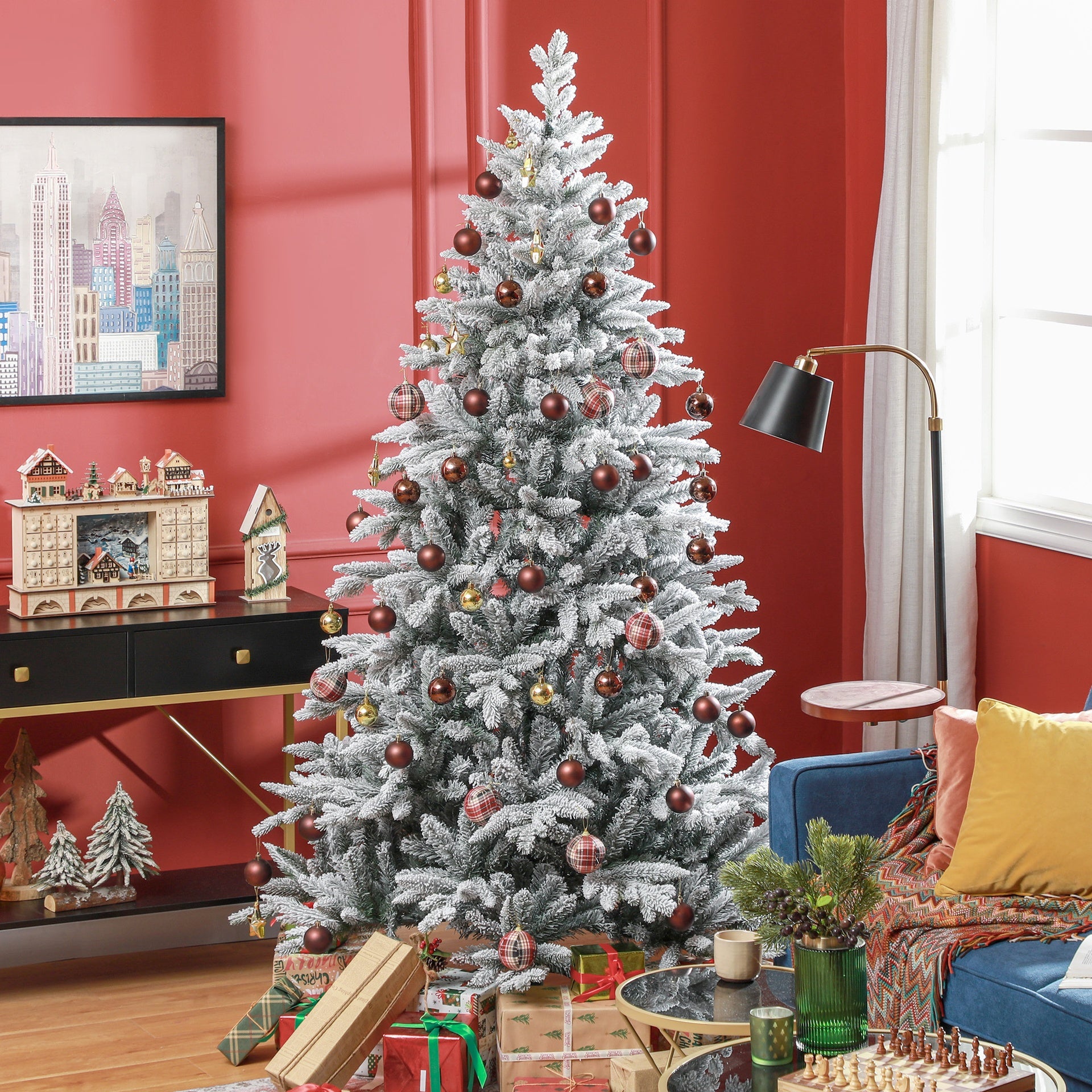 HOMCOM 7ft Artificial Flocked Christmas Tree with Snow Tips, Easy Assembly, Hinged Xmas Tree for Home Office Holiday