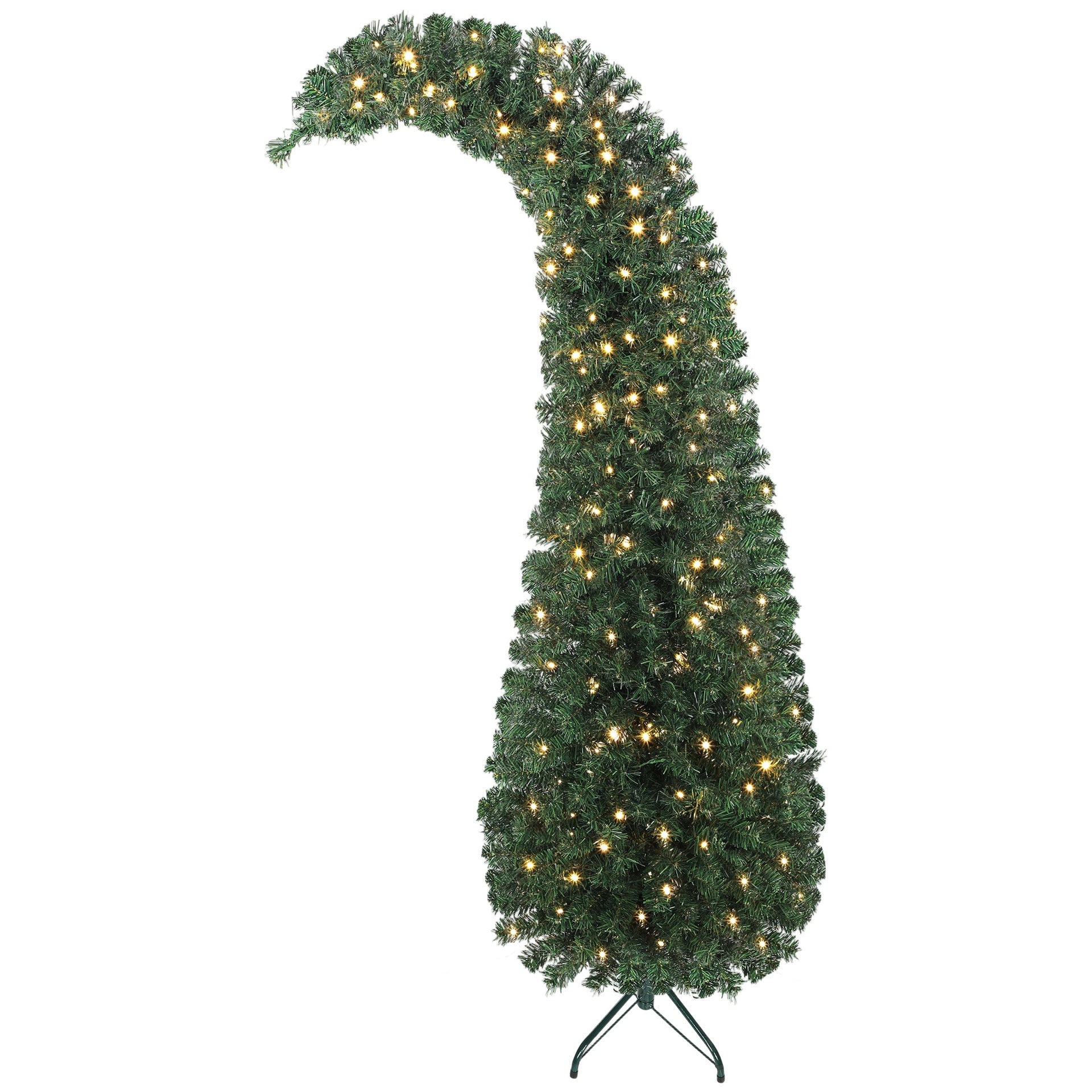 HOMCOM 6 ft Prelit Christmas Tree, Whimsical Xmas Tree Slim High Mountain Fir with 200 LEDs and Metal Stand, Green