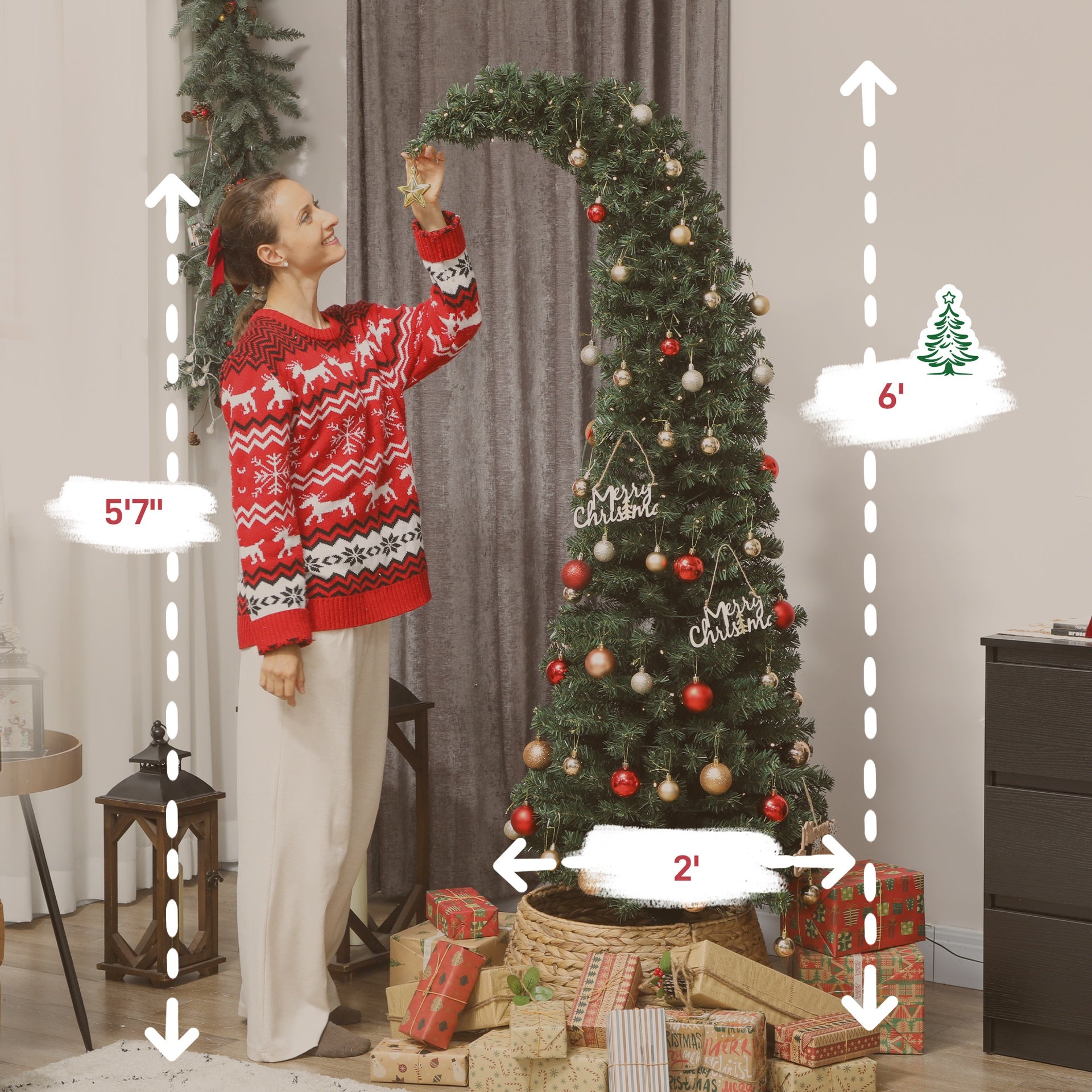 HOMCOM 6 ft Prelit Christmas Tree, Whimsical Xmas Tree Slim High Mountain Fir with 200 LEDs and Metal Stand, Green
