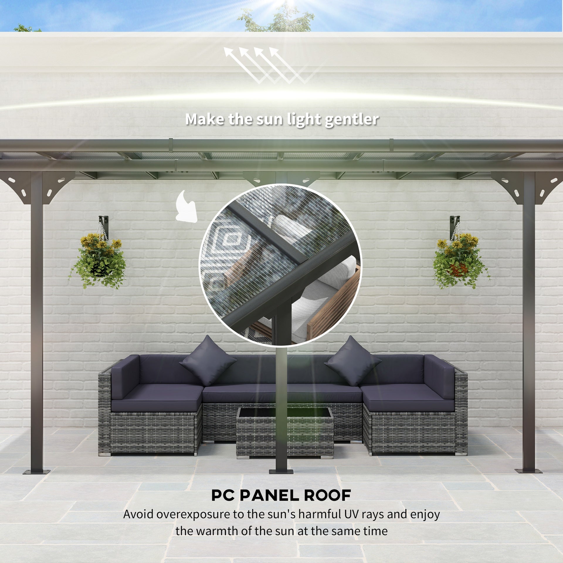 Outsunny 14.5' x 10' Aluminum Polycarbonate Pergola with UV Blocking for Outdoor Wall-Mounted Use, Family Shade, Gray