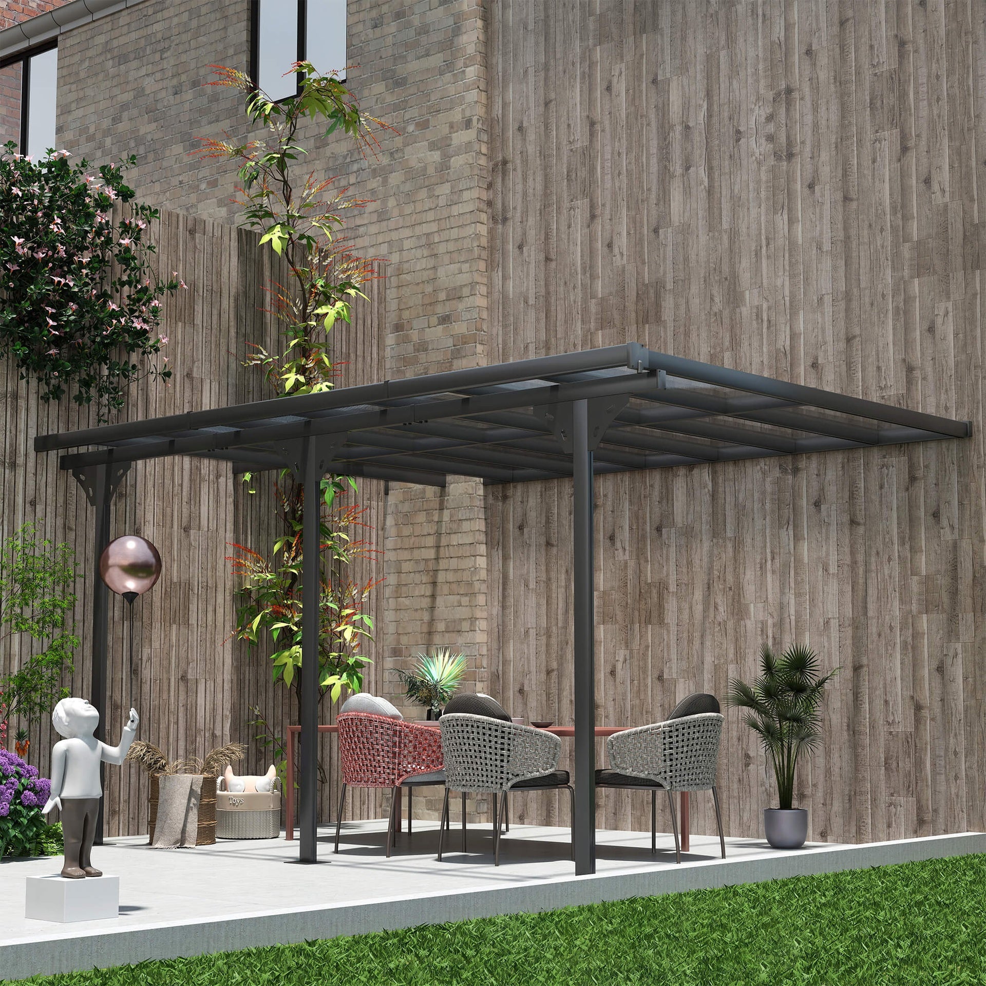 Outsunny 14.5' x 10' Aluminum Polycarbonate Pergola with UV Blocking for Outdoor Wall-Mounted Use, Family Shade, Gray