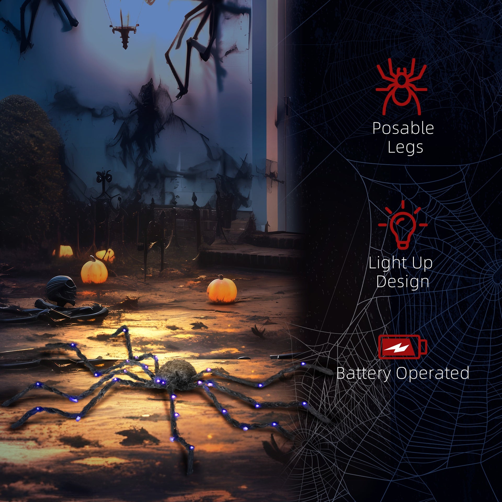 HOMCOM 3.25" Halloween Prop Light-up Oversized Spider, Outdoor Halloween Decoration with Light Up Bendable Legs