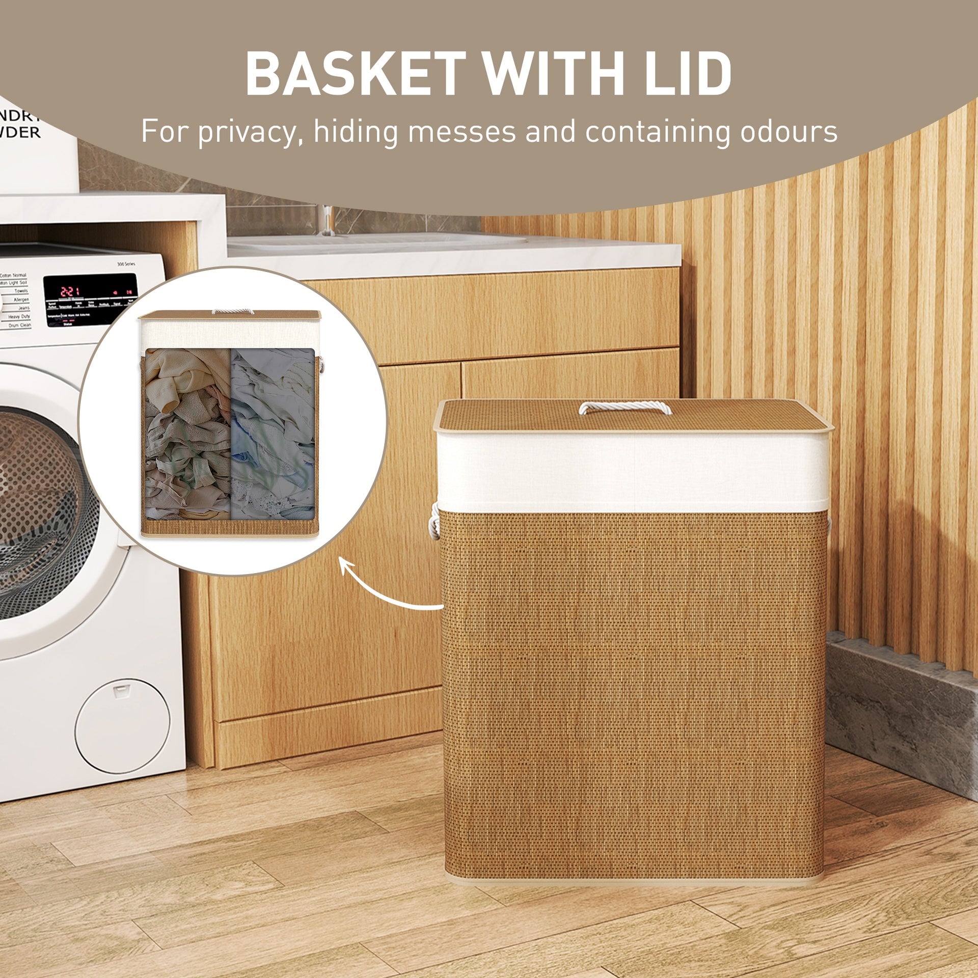 HOMCOM Double Laundry Basket with Lid, 26.4 Gallon Bamboo Laundry Hamper with Rope Handles and Removable Liner, Brown