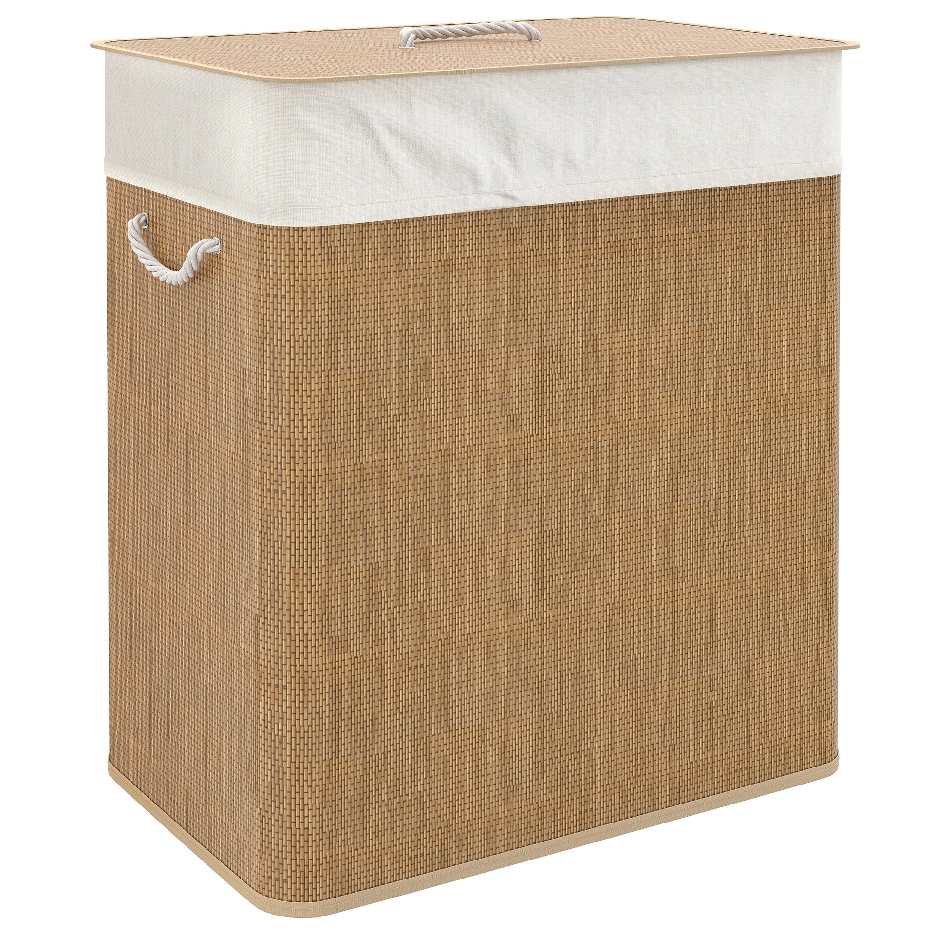 HOMCOM Double Laundry Basket with Lid, 26.4 Gallon Bamboo Laundry Hamper with Rope Handles and Removable Liner, Brown